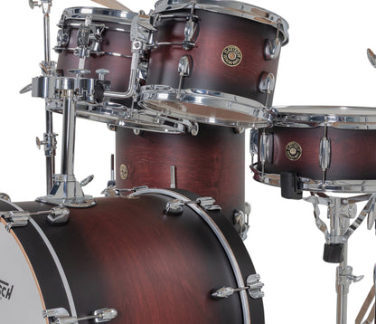 Gretsch Catalina Maple 20" 5-piece drum kit in Satin Deep Cherry Burst – overhead drumhead and shell detail
