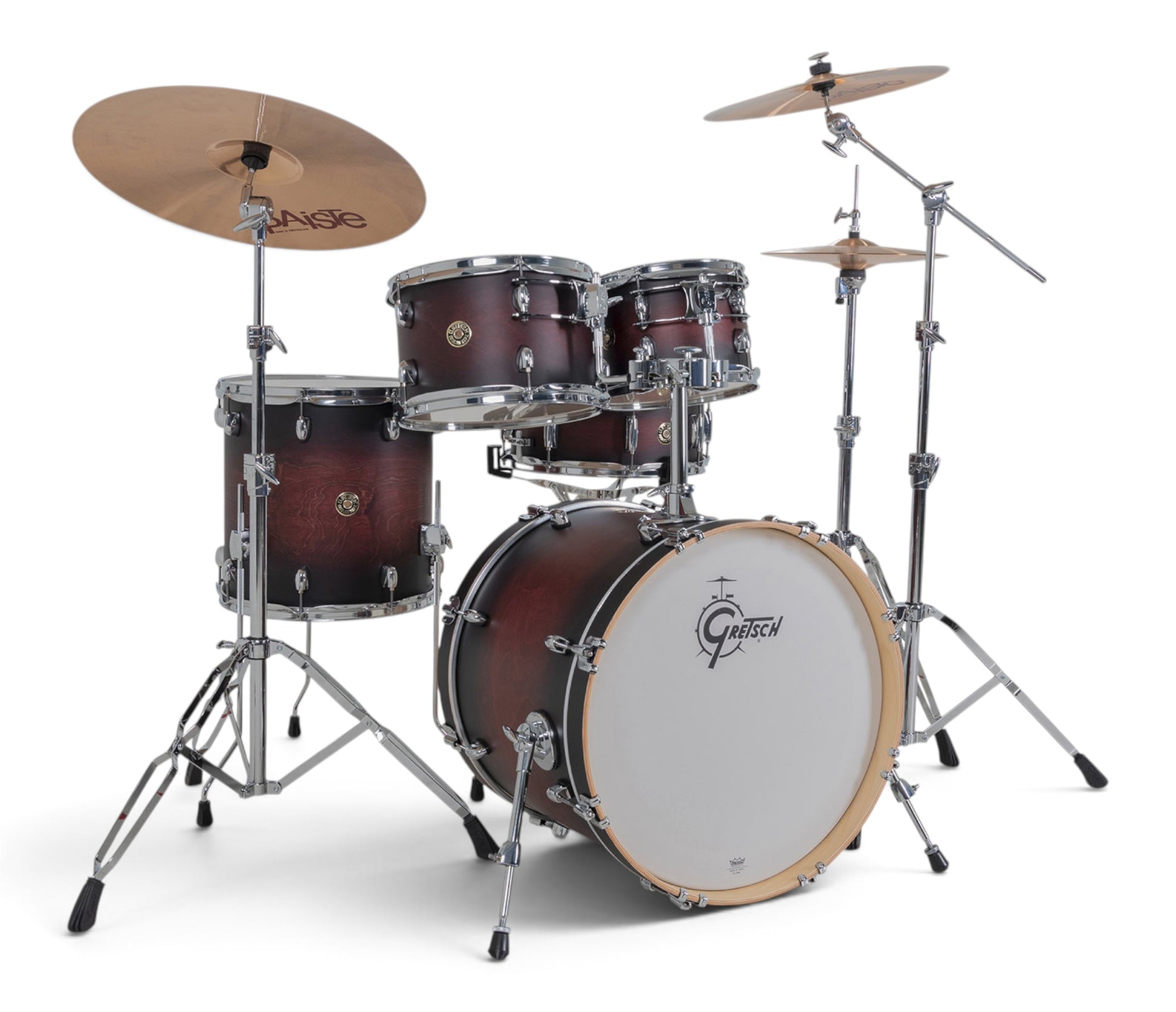 Gretsch Catalina Maple 20" 5-piece drum kit in Satin Deep Cherry Burst – matching bass drum hoop and claw detail