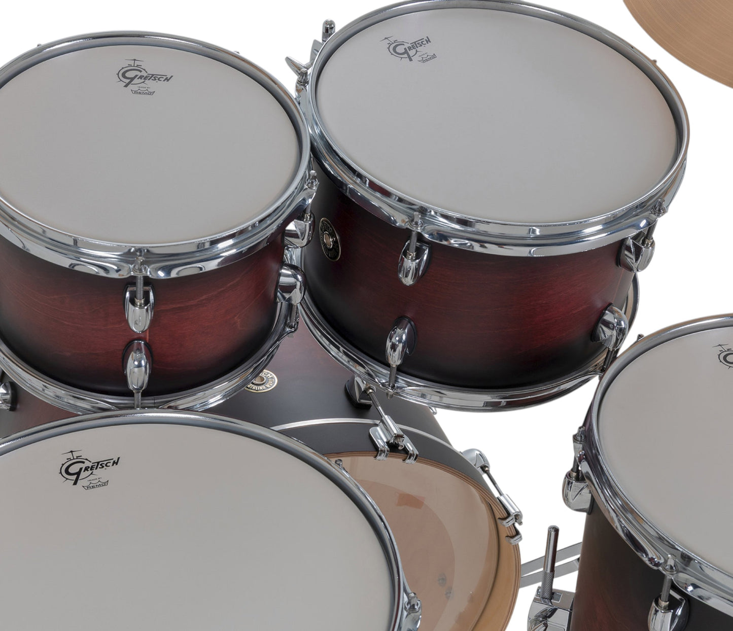 Gretsch Catalina Maple 20" 5-piece drum kit in Satin Deep Cherry Burst – angled full kit view