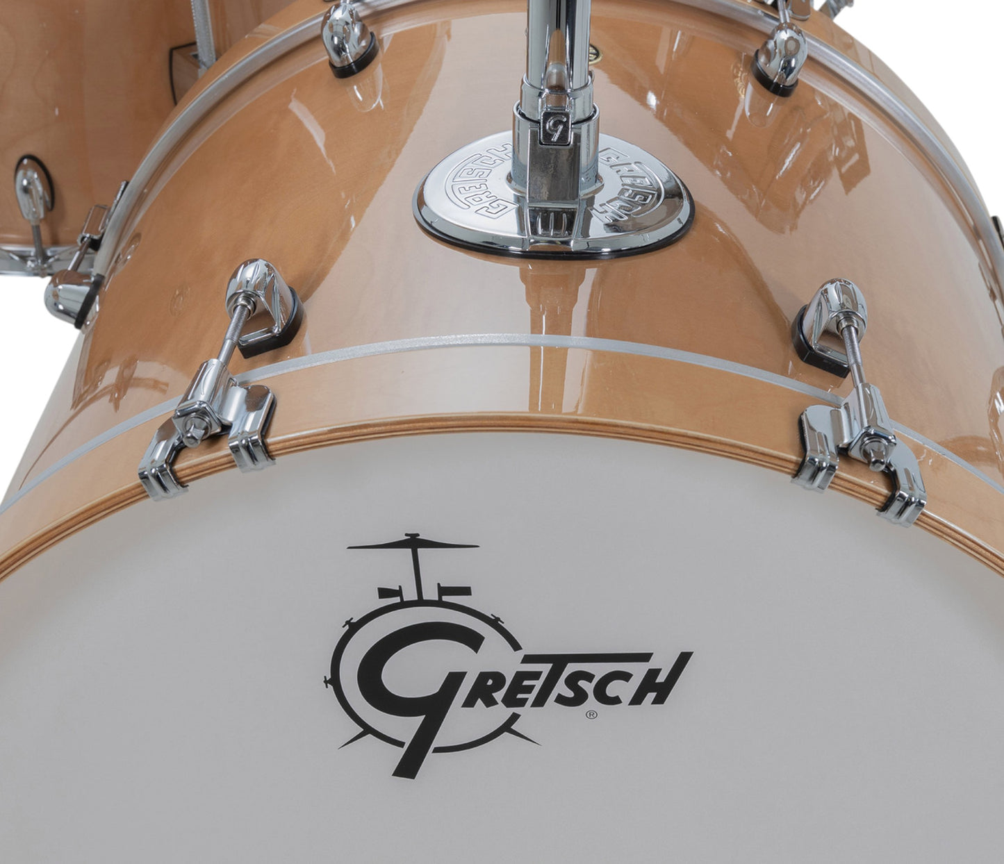 Gretsch Catalina Maple 22" 4-piece drum kit in Antique Maple – matching bass drum hoop and claw detail