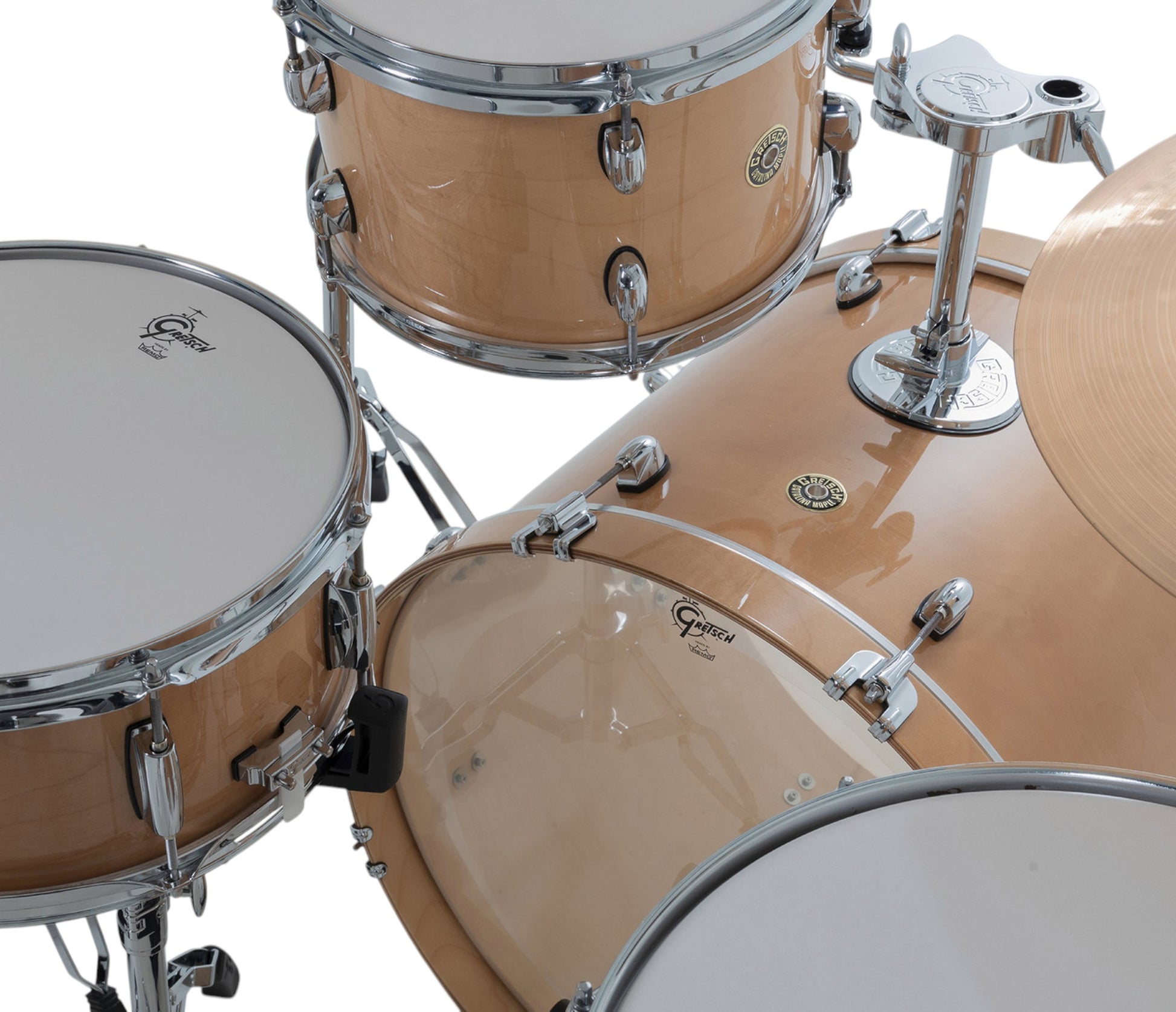 Gretsch Catalina Maple 22" 4-piece drum kit in Antique Maple – overhead drumhead and shell detail