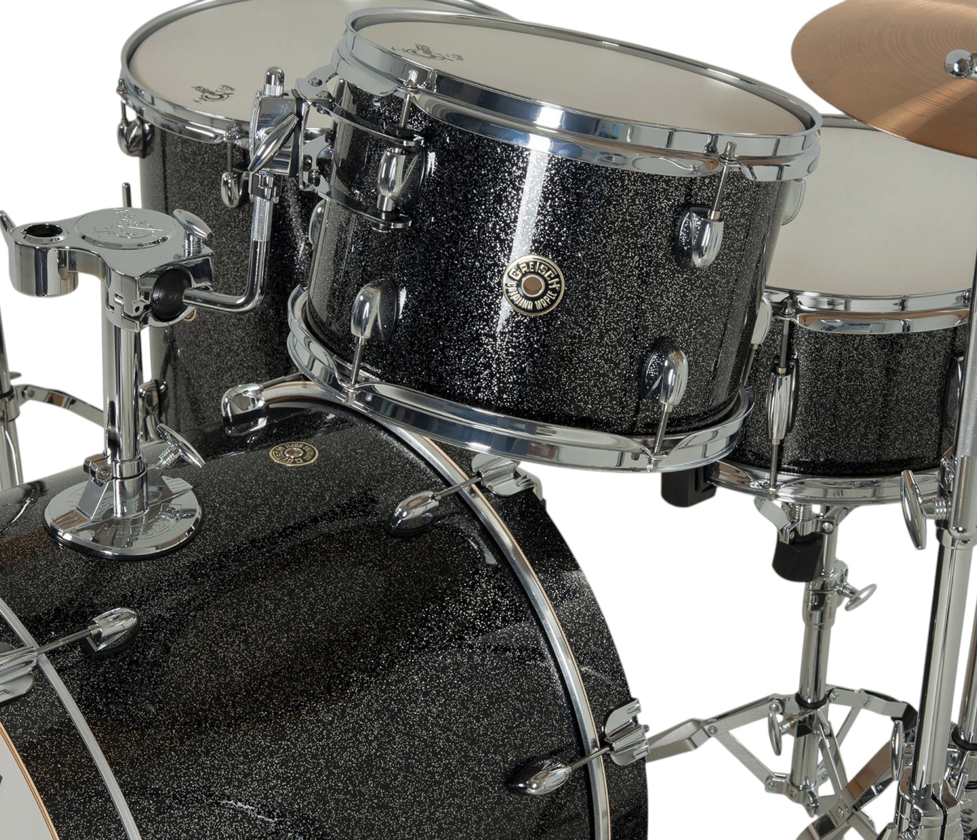 Gretsch Catalina Maple 22" 4-piece drum kit in Black Stardust – rack tom and snare drum close-up