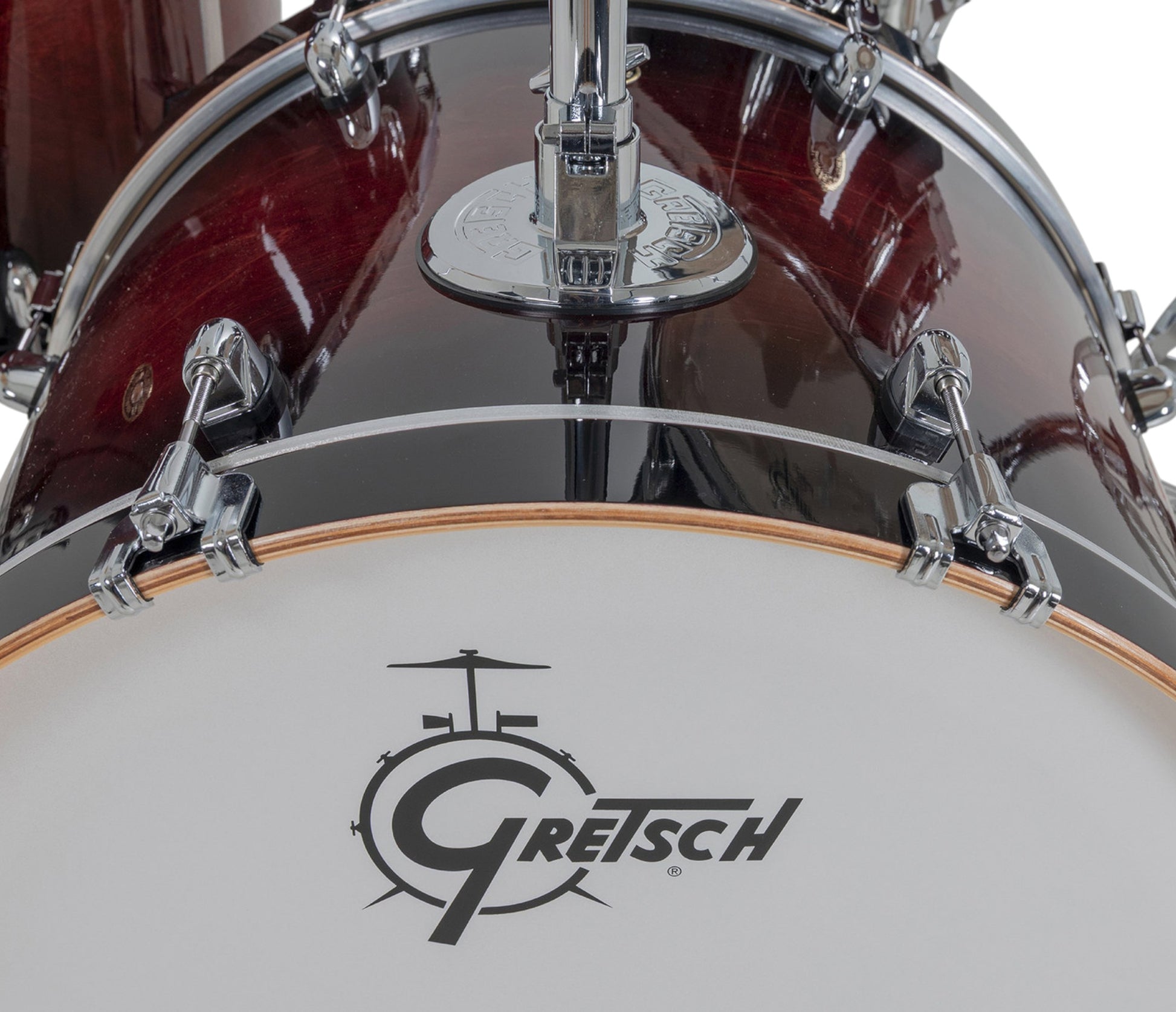 Gretsch Catalina Maple 22" 4-piece drum kit in Deep Cherry Burst – rack tom and GTS mount close-up