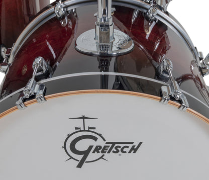 Gretsch Catalina Maple 22" 4-piece drum kit in Deep Cherry Burst – rack tom and GTS mount close-up
