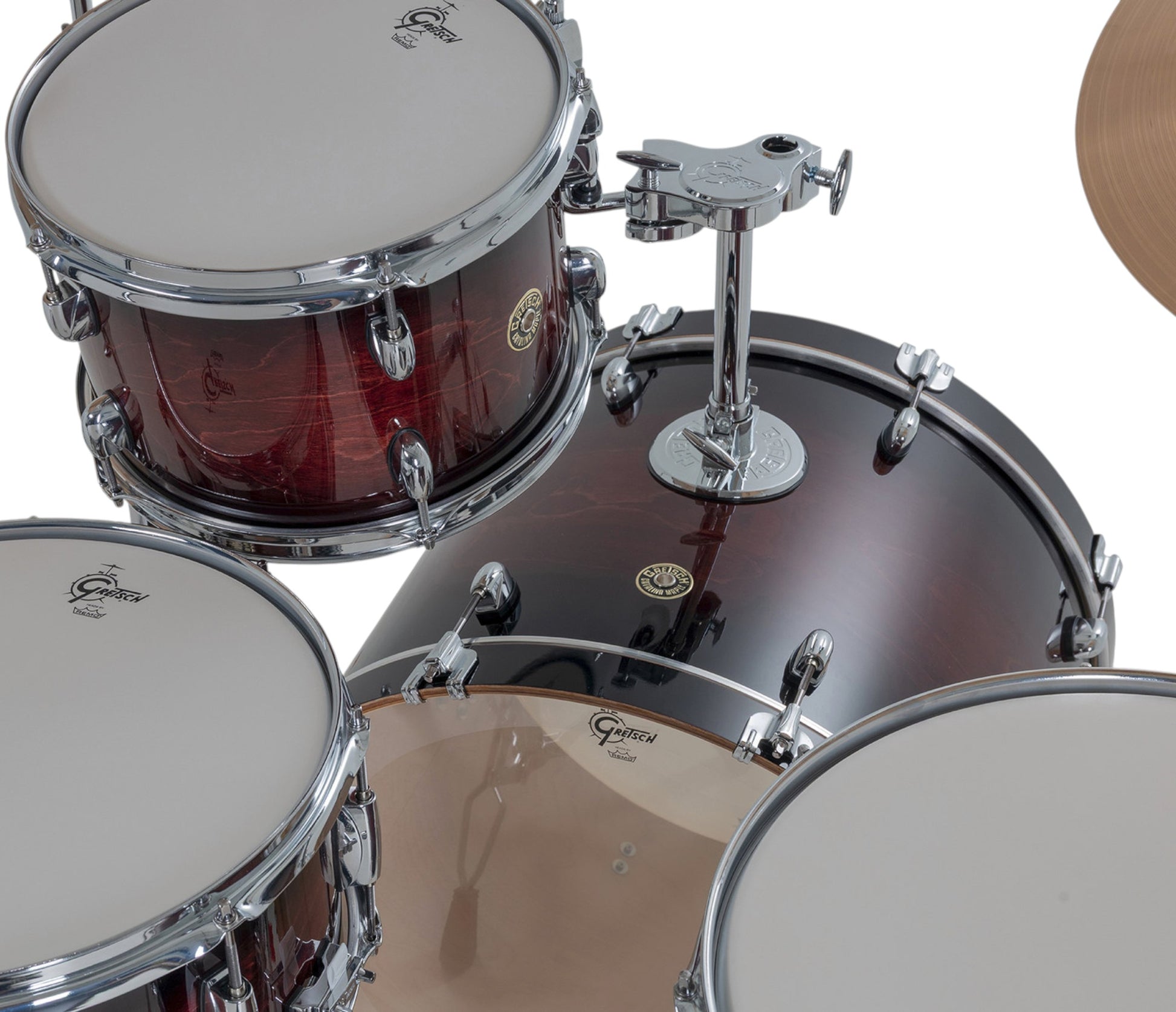 Gretsch Catalina Maple 22" 4-piece drum kit in Deep Cherry Burst – bass drum-mounted single tom holder