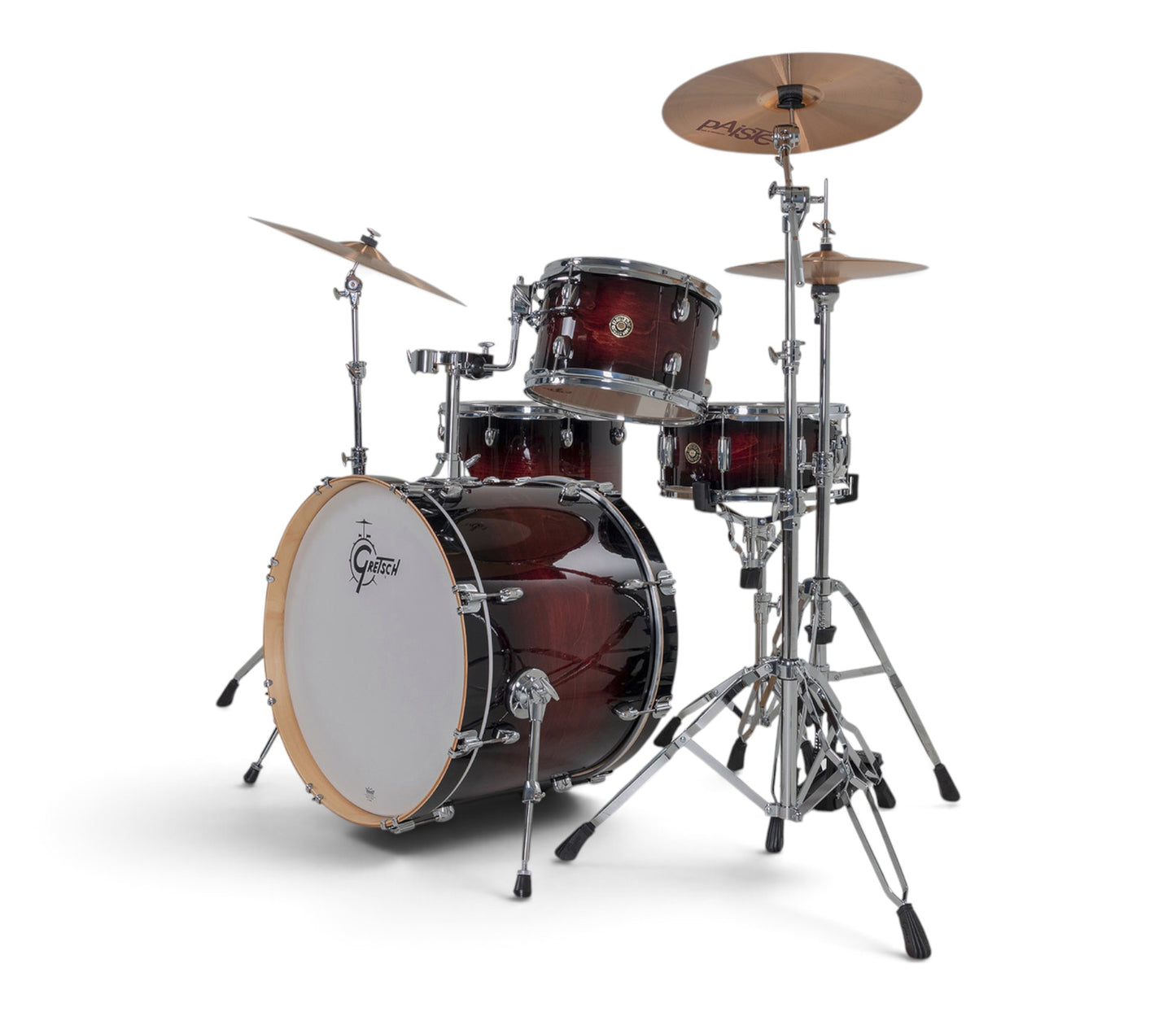 Gretsch Catalina Maple 22" 4-piece drum kit in Deep Cherry Burst – rack tom and snare drum close-up