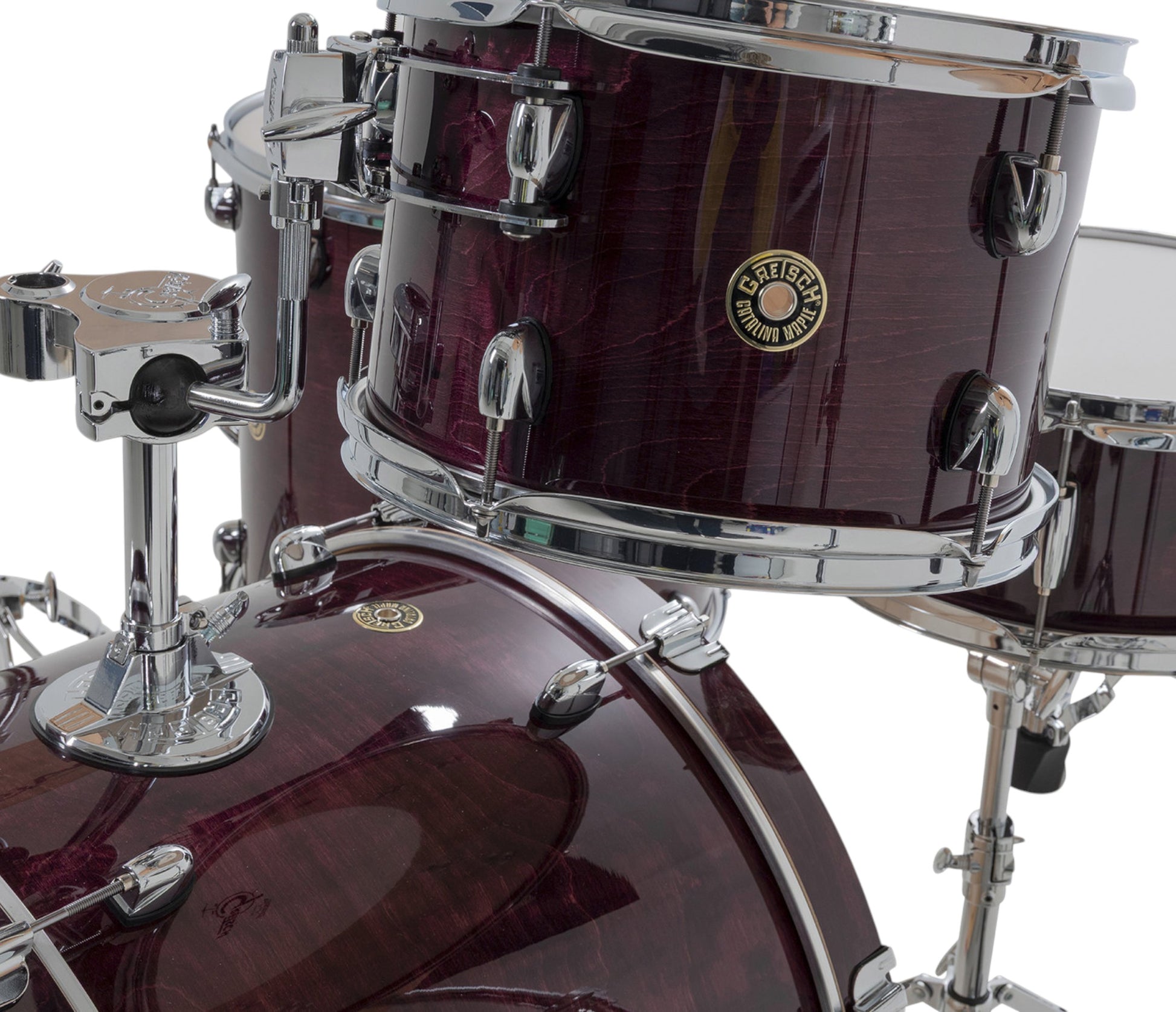Gretsch Catalina Maple 22" 4-piece drum kit in Purple Gloss – rack tom and GTS mount close-up