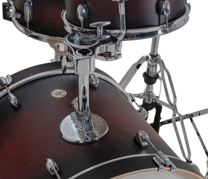 Gretsch Catalina Maple 22" 4-piece drum kit in Satin Deep Cherry Burst – rack tom and GTS mount close-up