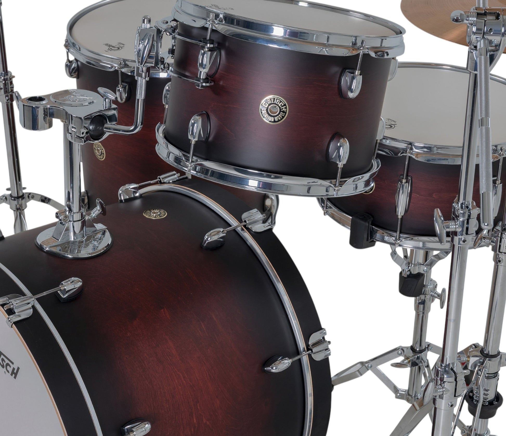 Gretsch Catalina Maple 22" 4-piece drum kit in Satin Deep Cherry Burst – matching bass drum hoop and claw detail