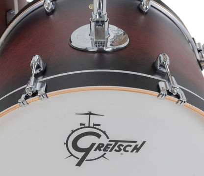 Gretsch Catalina Maple 22" 4-piece drum kit in Satin Deep Cherry Burst – overhead drumhead and shell detail