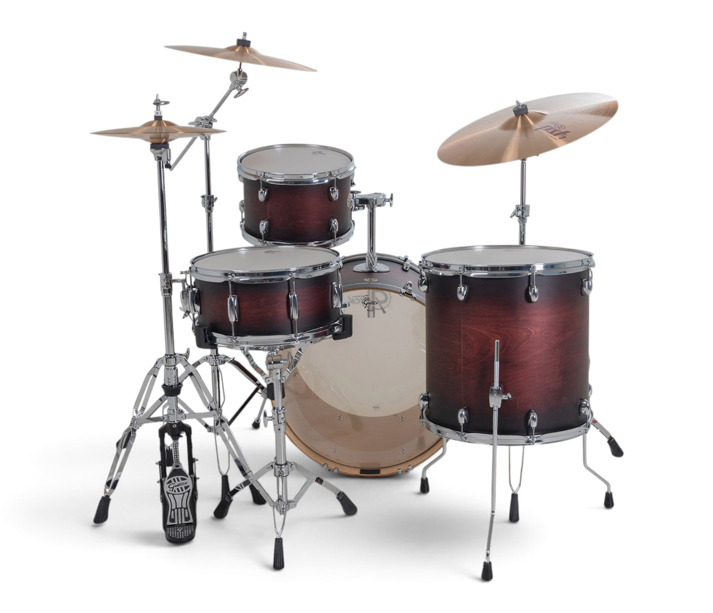 Gretsch Catalina Maple 22" 4-piece drum kit in Satin Deep Cherry Burst – rack tom and snare drum close-up