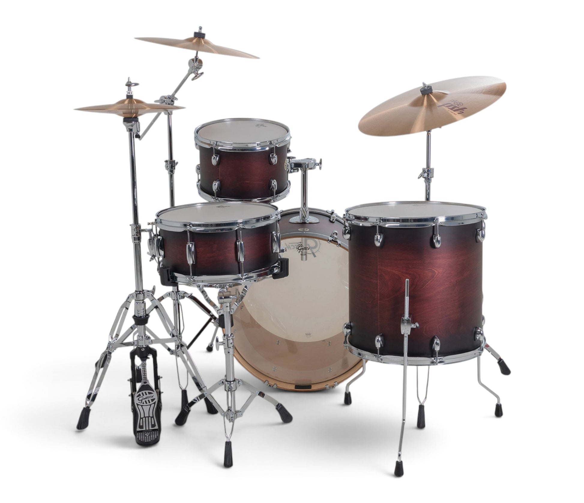 Gretsch Catalina Maple 22" 4-piece drum kit in Satin Deep Cherry Burst – rack tom and snare drum close-up