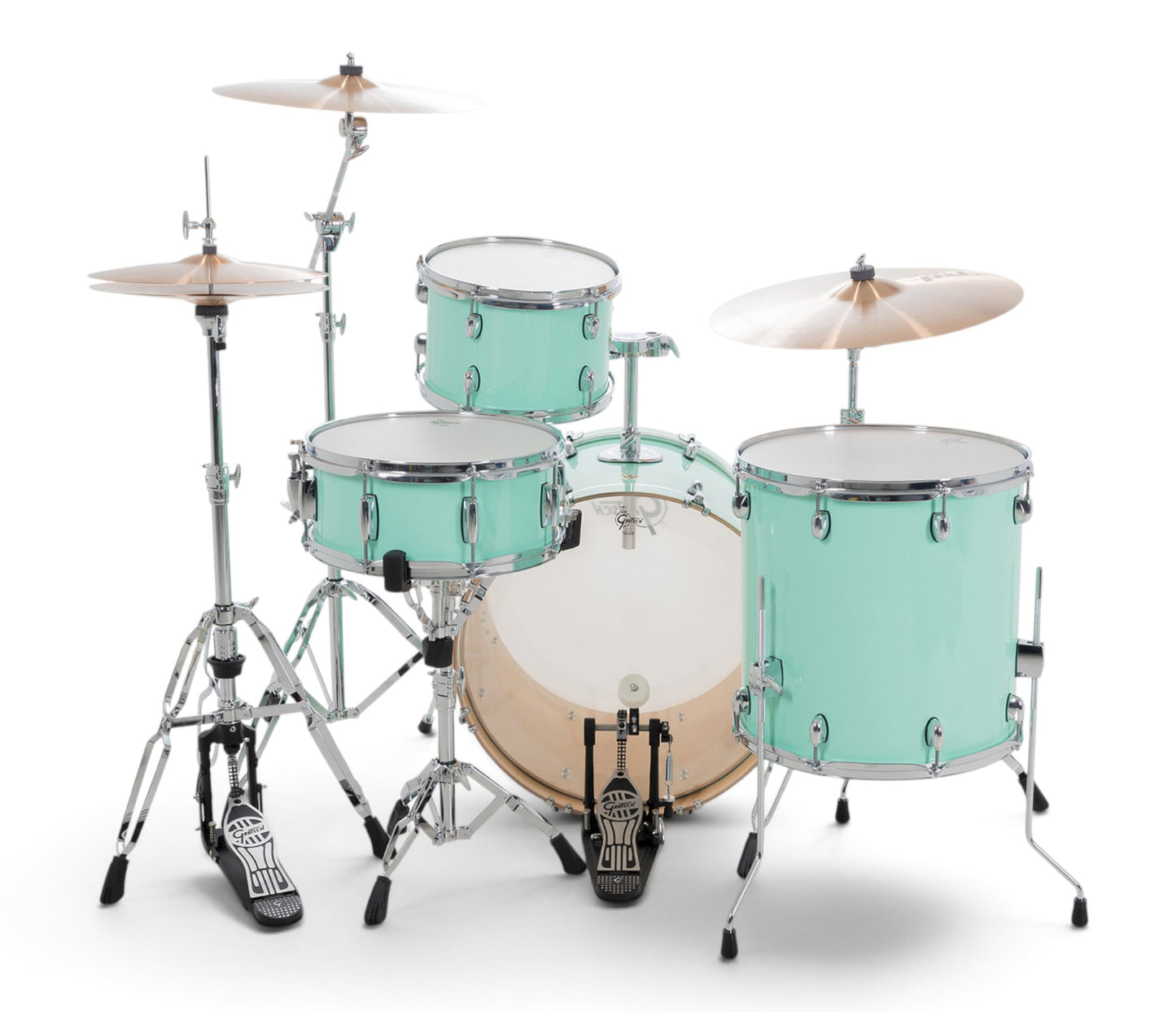 Gretsch Catalina Maple 22" 4-piece drum kit in Seafoam Green – rack tom and GTS mount close-up
