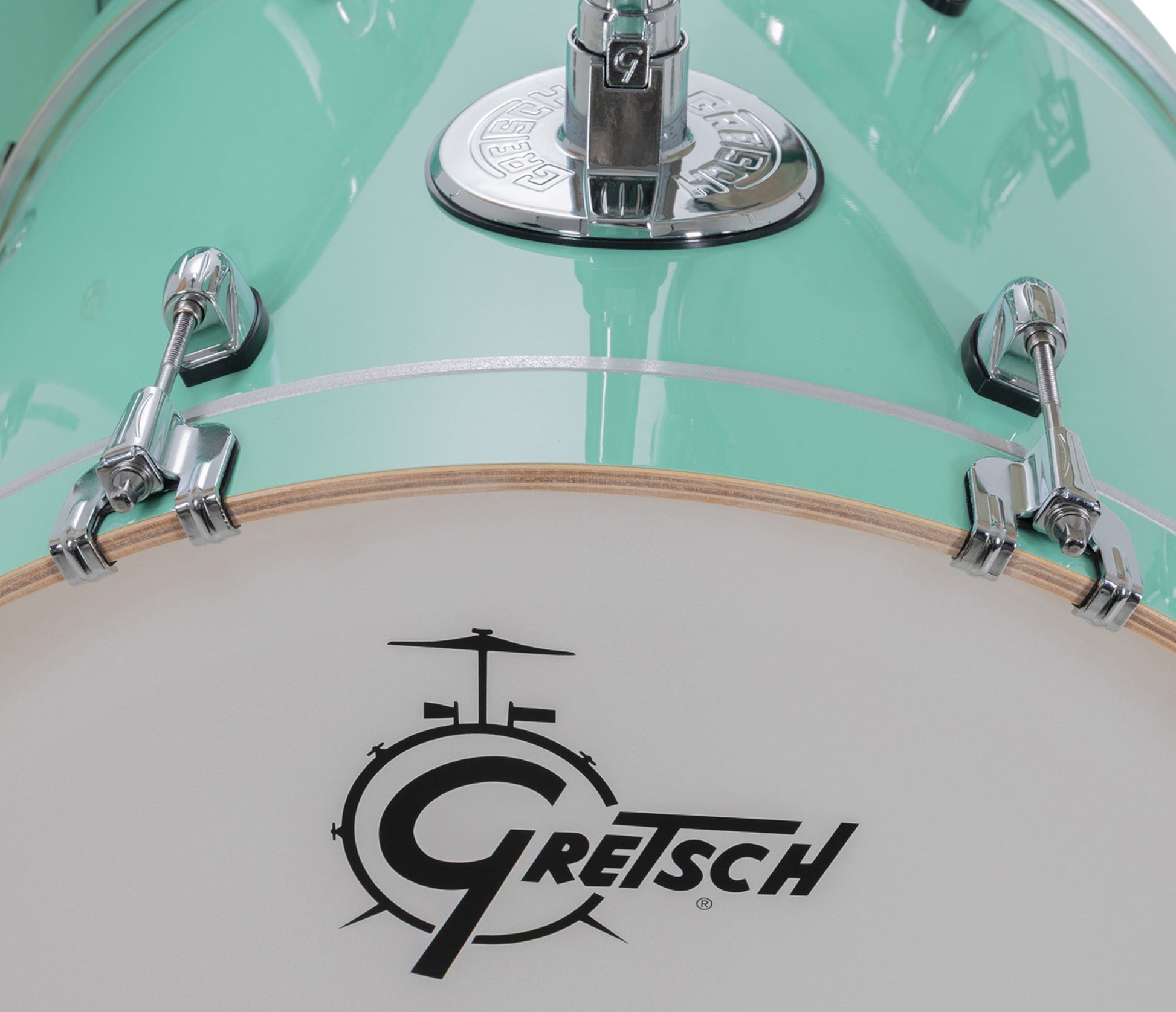 Gretsch Catalina Maple 22" 4-piece drum kit in Seafoam Green – overhead drumhead and shell detail