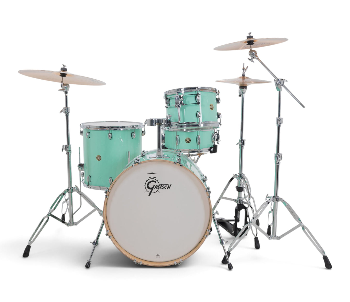 Gretsch Catalina Maple 22" 4-piece drum kit in Seafoam Green – rack tom and snare drum close-up