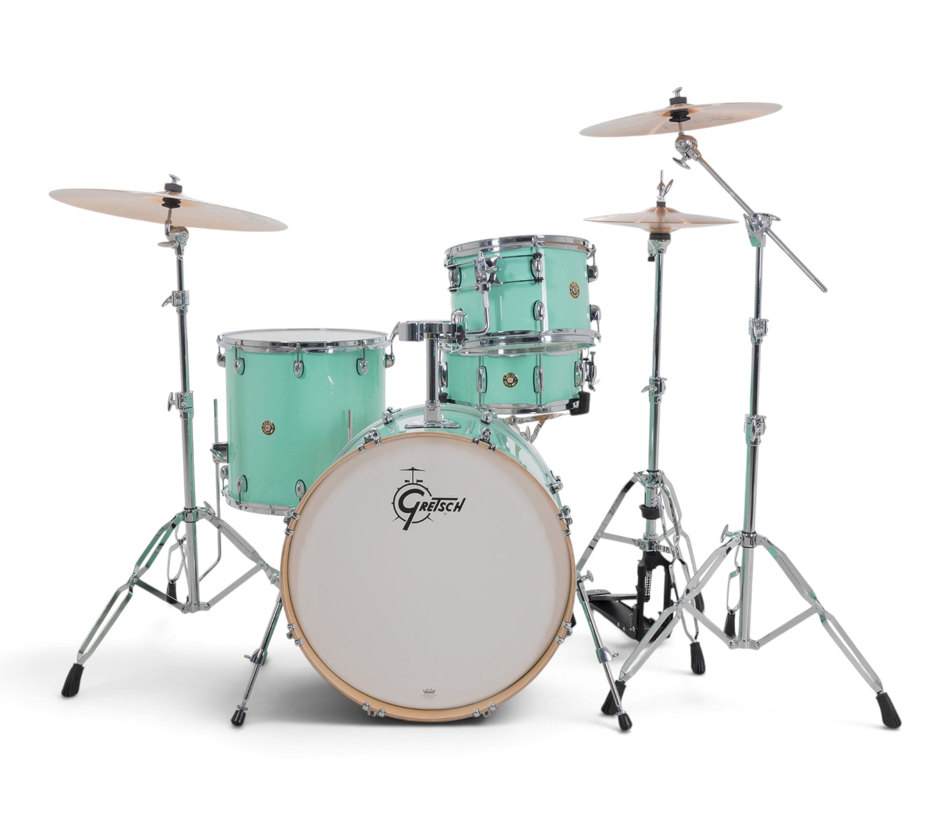 Gretsch Catalina Maple 22" 4-piece drum kit in Seafoam Green – rack tom and snare drum close-up