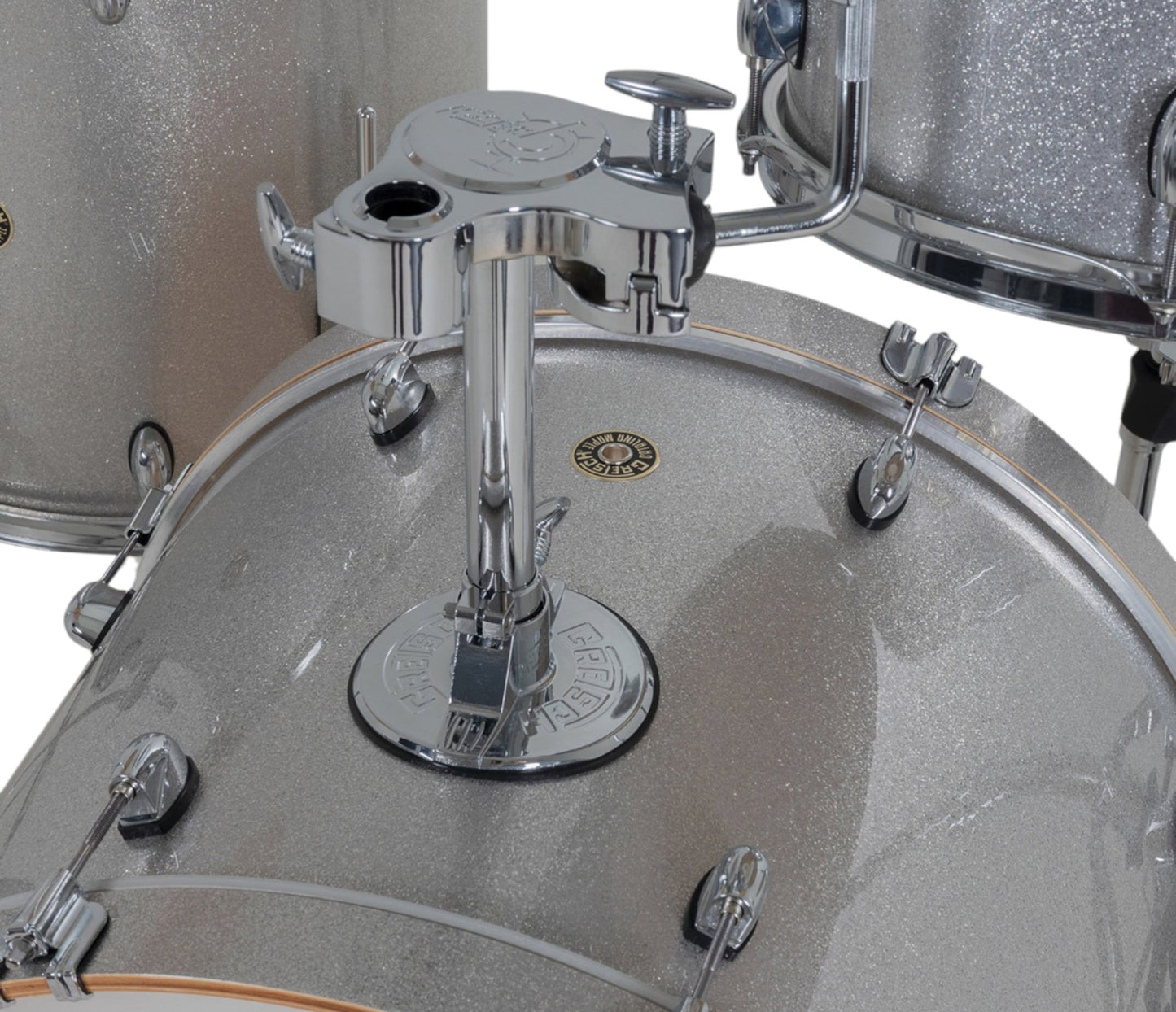 Gretsch Catalina Maple 22" 4-piece drum kit in Silver Sparkle – rack tom and GTS mount close-up