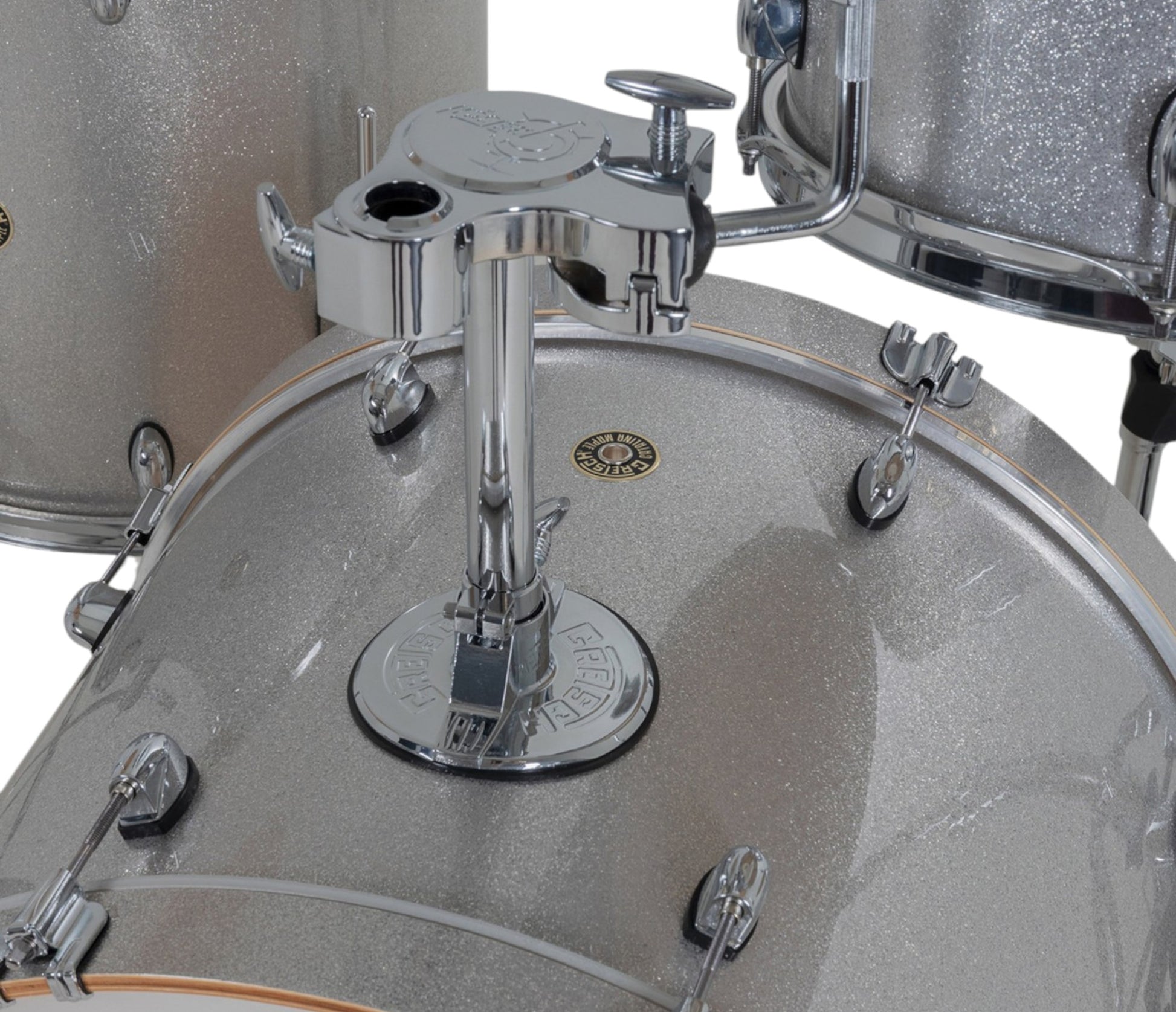 Gretsch Catalina Maple 22" 4-piece drum kit in Silver Sparkle – rack tom and GTS mount close-up