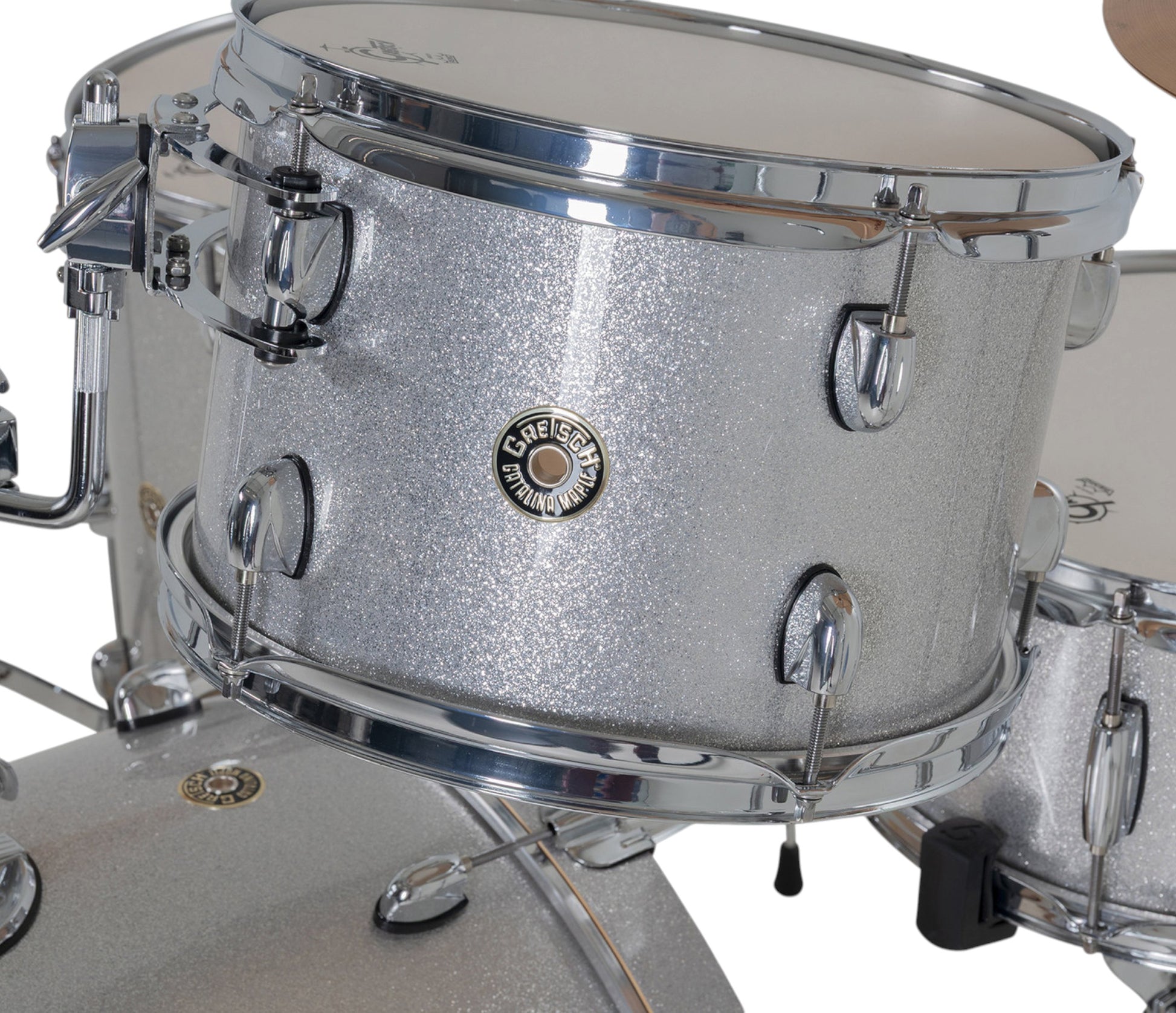 Gretsch Catalina Maple 22" 4-piece drum kit in Silver Sparkle – matching bass drum hoop and claw detail