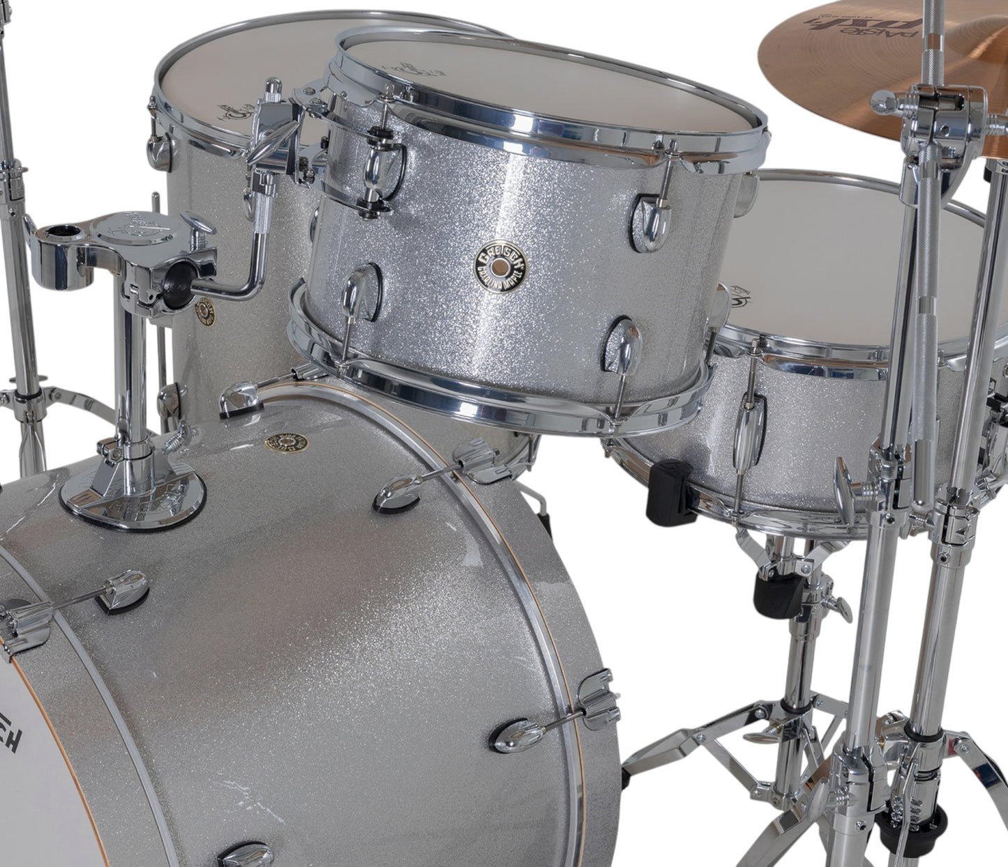 Gretsch Catalina Maple 22" 4-piece drum kit in Silver Sparkle – overhead drumhead and shell detail