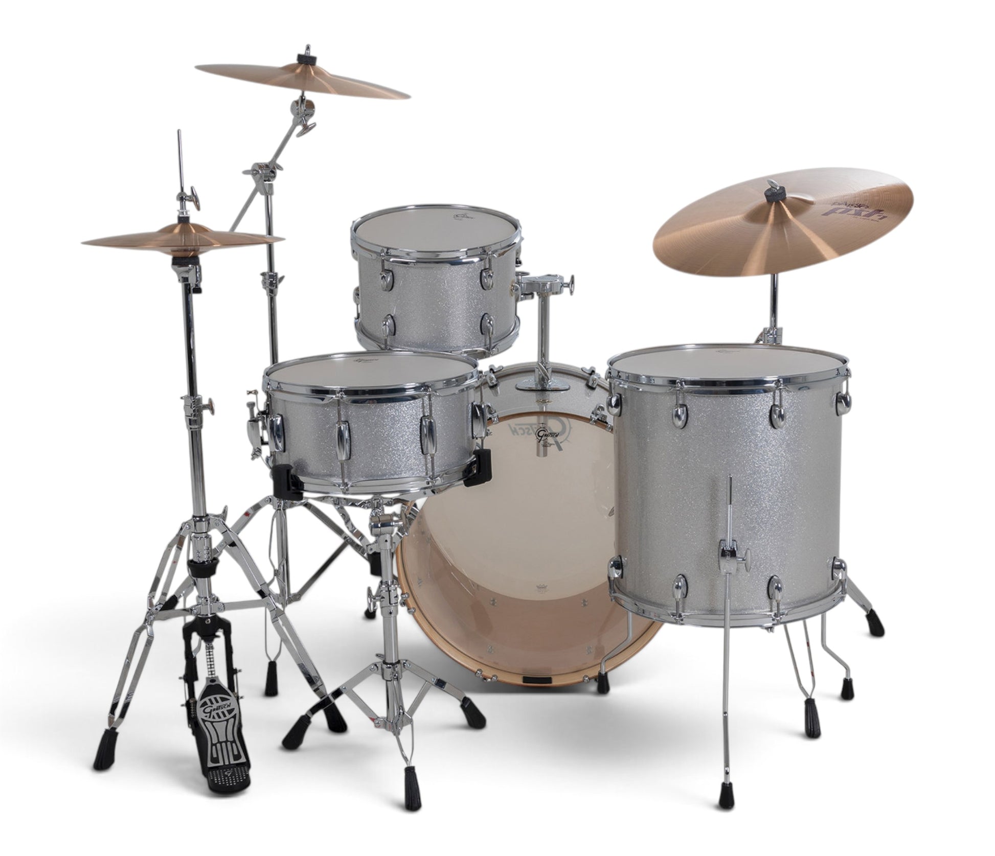 Gretsch Catalina Maple 22" 4-piece drum kit in Silver Sparkle – rack tom and snare drum close-up