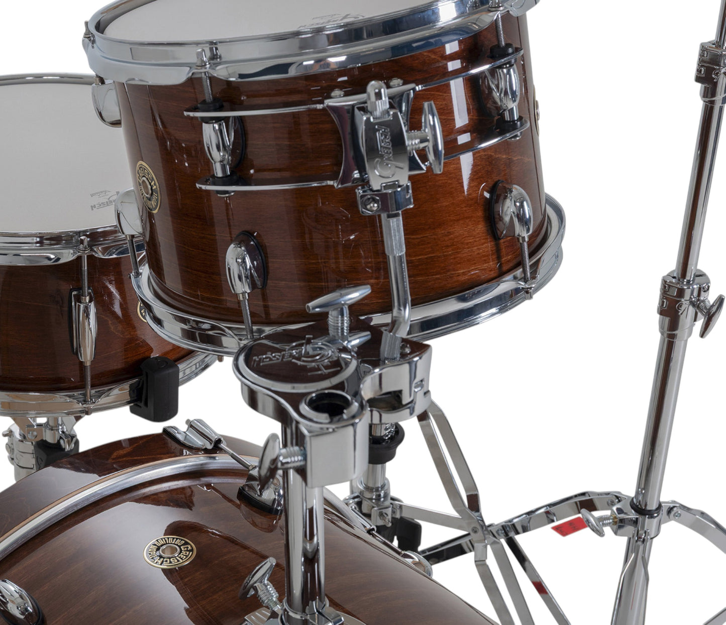 Gretsch Catalina Maple 22" 4-piece drum kit in Walnut Glaze – rack tom and GTS mount close-up