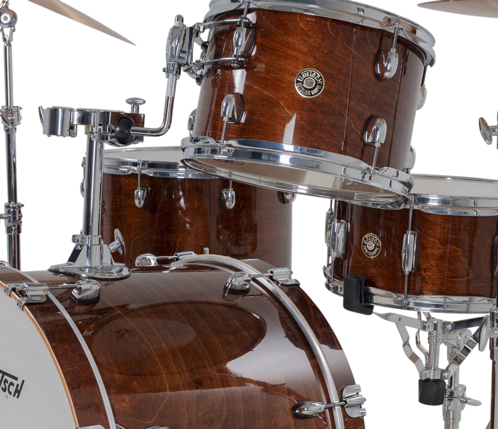Gretsch Catalina Maple 22" 4-piece drum kit in Walnut Glaze – overhead drumhead and shell detail