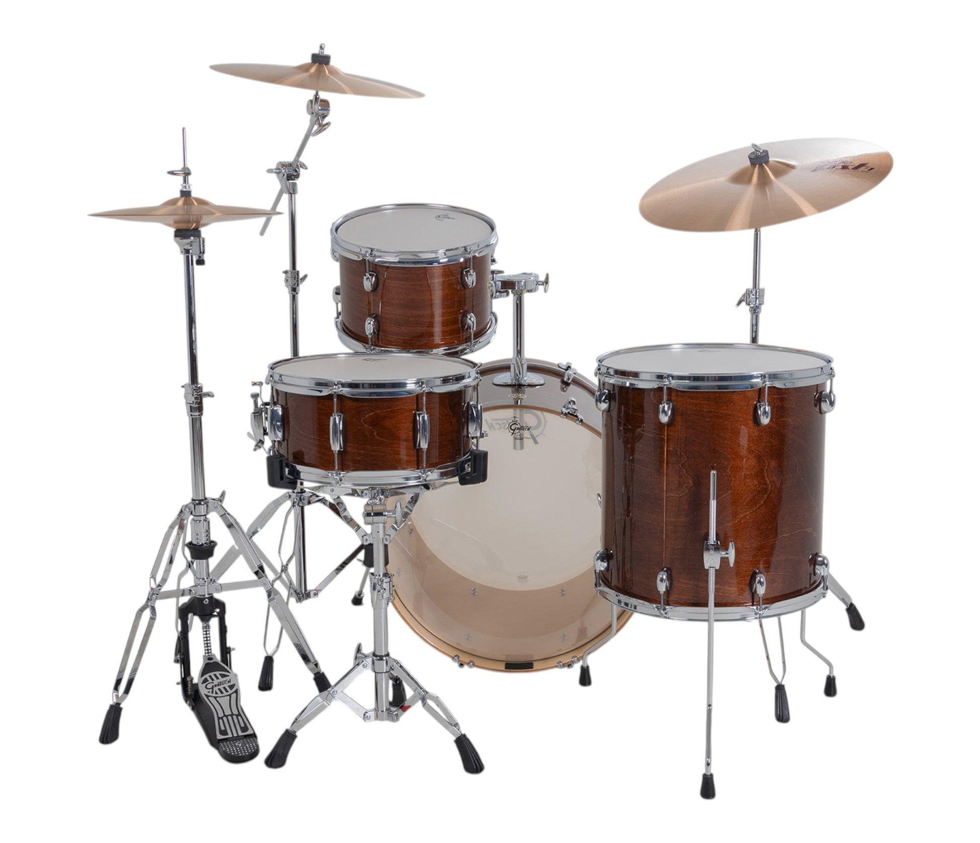Gretsch Catalina Maple 22" 4-piece drum kit in Walnut Glaze – rack tom and snare drum close-up