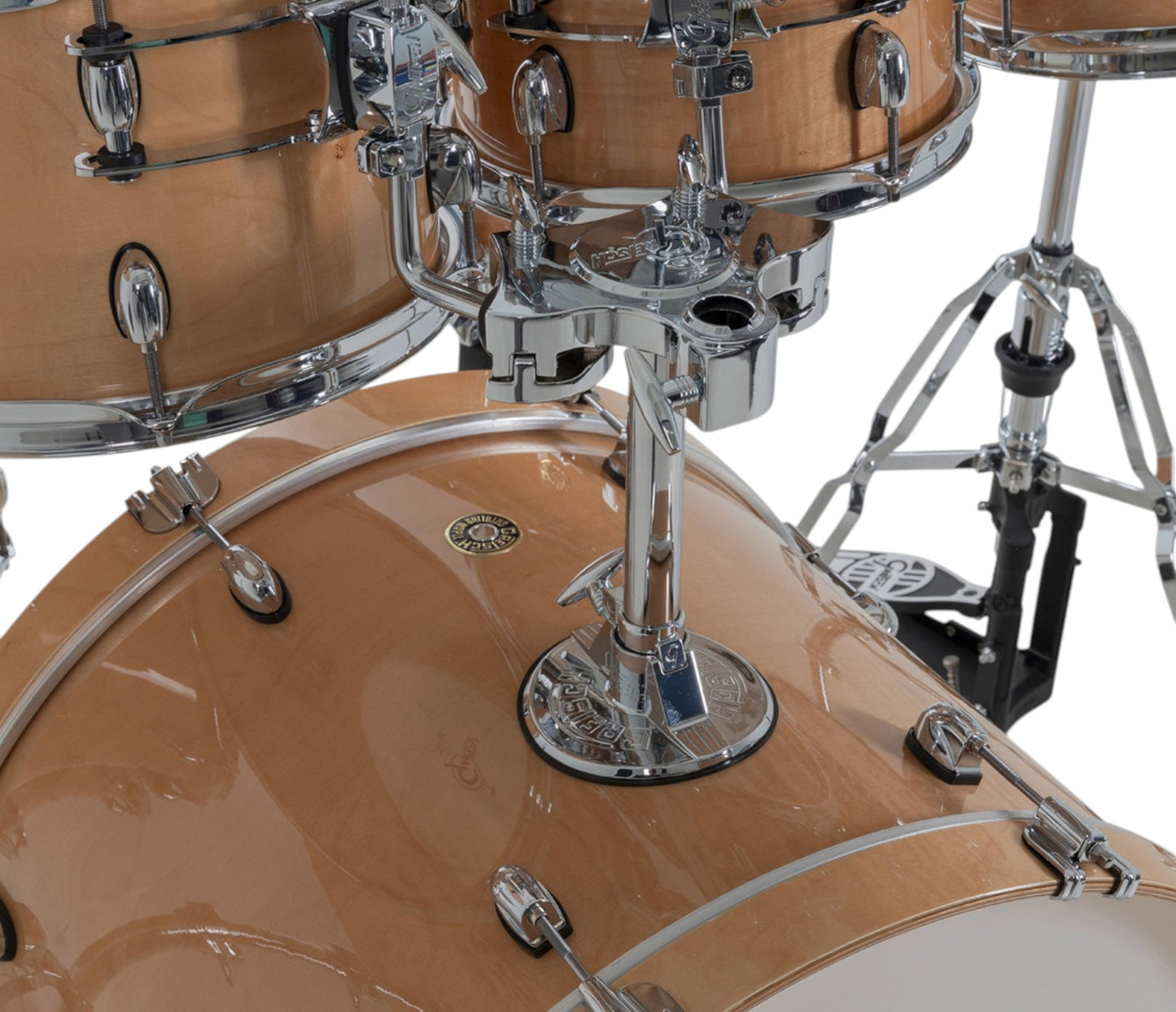 Gretsch Catalina Maple 22" 7-piece drum kit in Antique Maple – bass drum-mounted multi-tom holder close-up