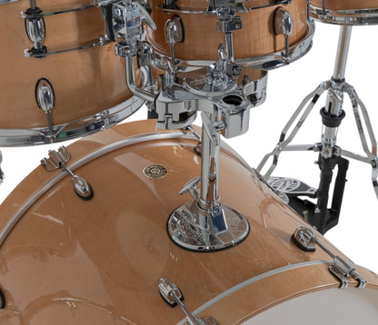 Gretsch Catalina Maple 22" 7-piece drum kit in Antique Maple – bass drum-mounted multi-tom holder close-up