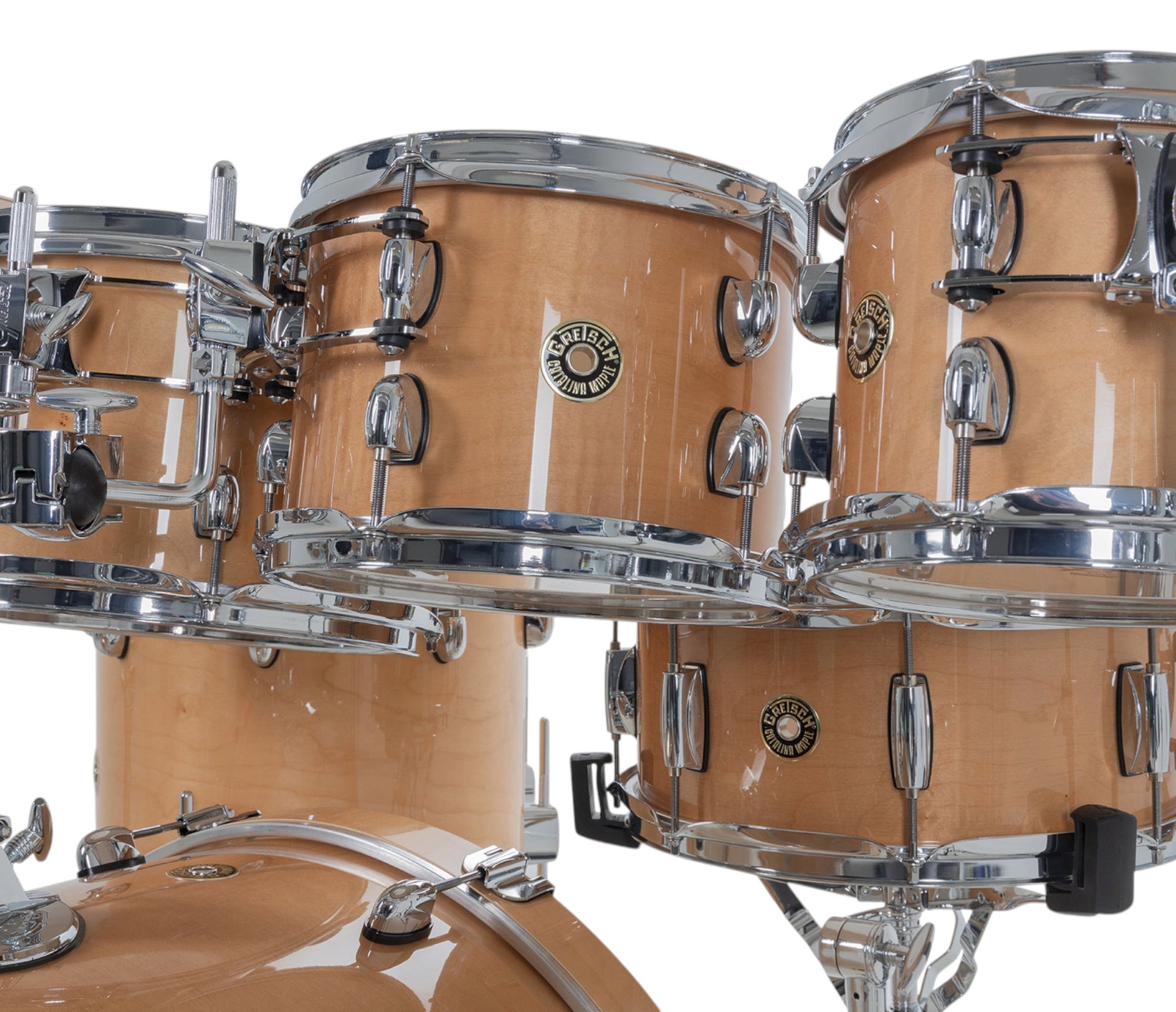 Gretsch Catalina Maple 22" 7-piece drum kit in Antique Maple – rack tom and floor tom shell close-up