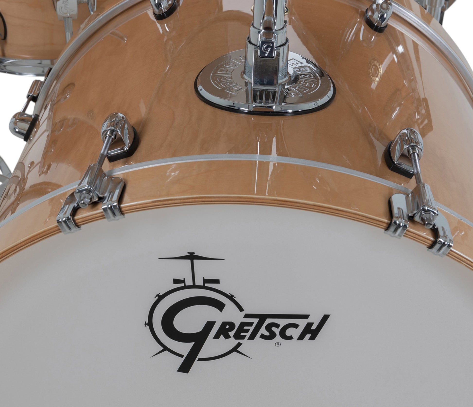 Gretsch Catalina Maple 22" 7-piece drum kit in Antique Maple – matching bass drum hoop and claw detail