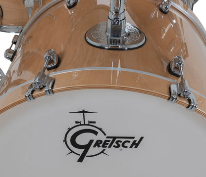 Gretsch Catalina Maple 22" 7-piece drum kit in Antique Maple – matching bass drum hoop and claw detail