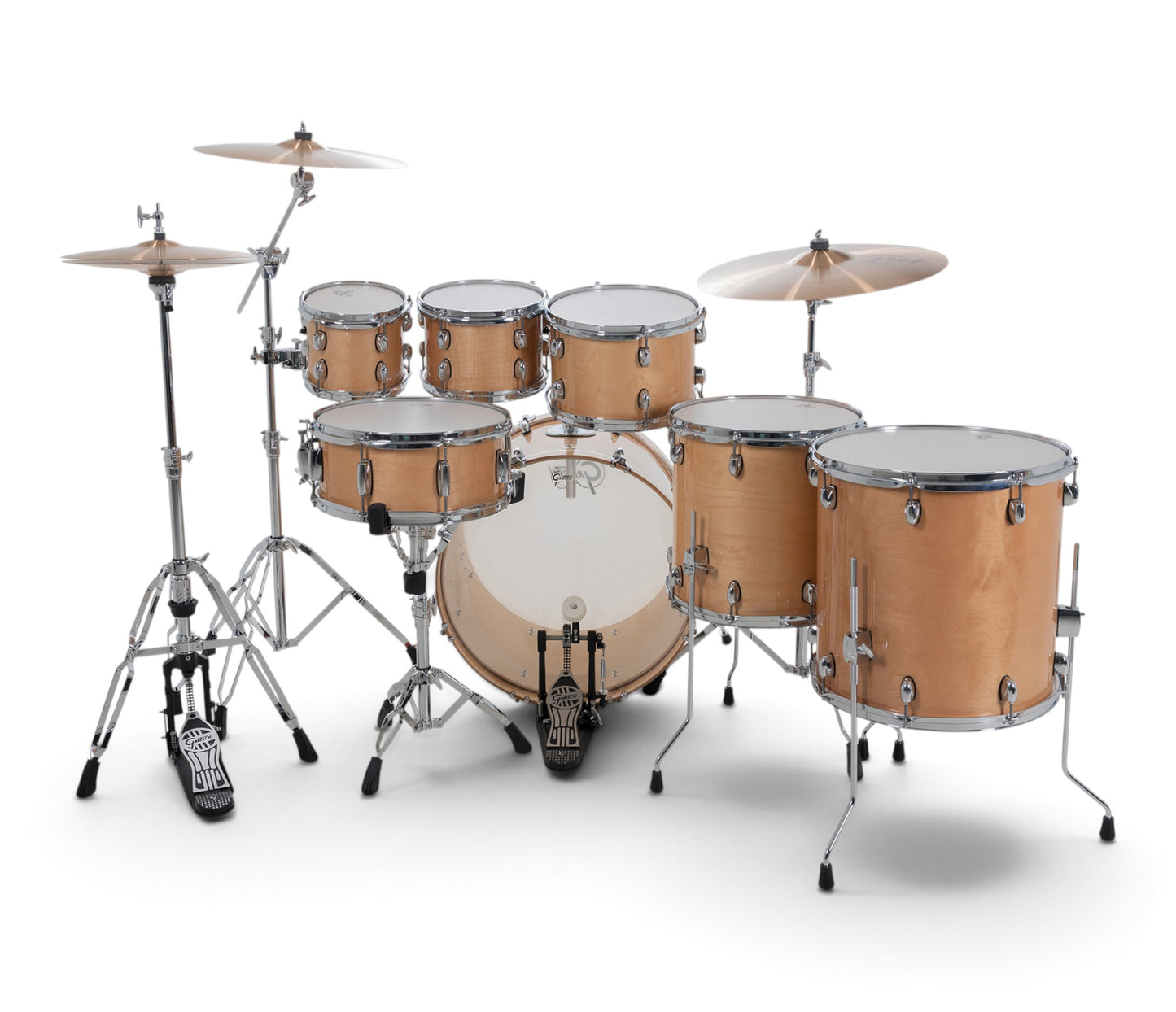 Gretsch Catalina Maple 22" 7-piece drum kit in Antique Maple – drummer's-side view