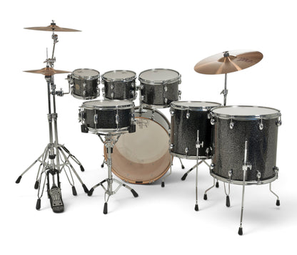 Gretsch Catalina Maple 22" 7-piece drum kit in Black Stardust – bass drum-mounted multi-tom holder close-up