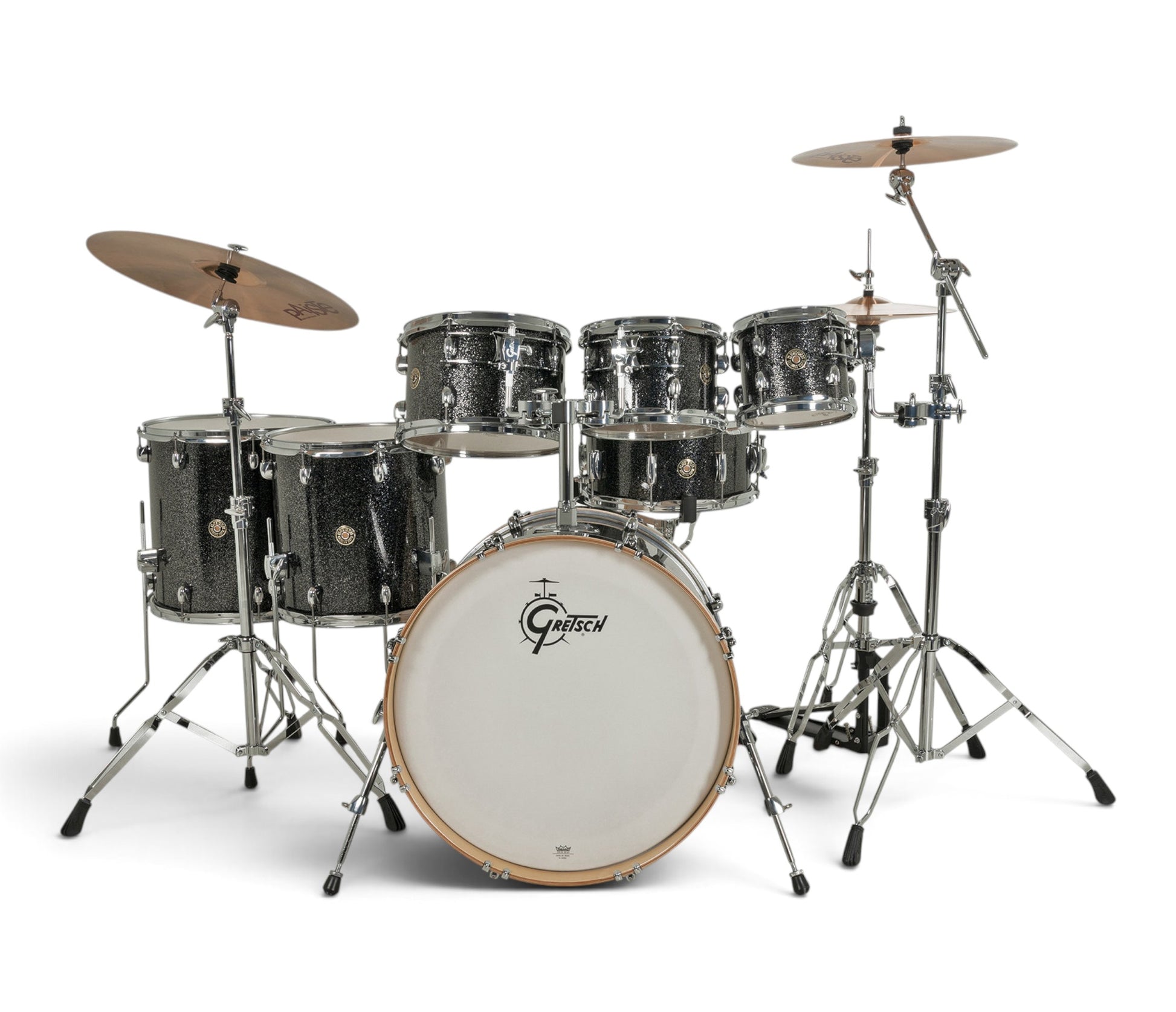 Gretsch Catalina Maple 22" 7-piece drum kit in Black Stardust – rack tom and floor tom shell close-up