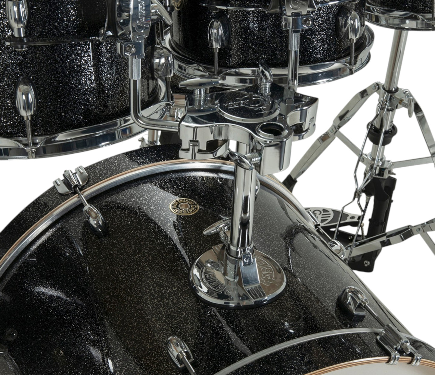 Gretsch Catalina Maple 22" 7-piece drum kit in Black Stardust – matching bass drum hoop and claw detail