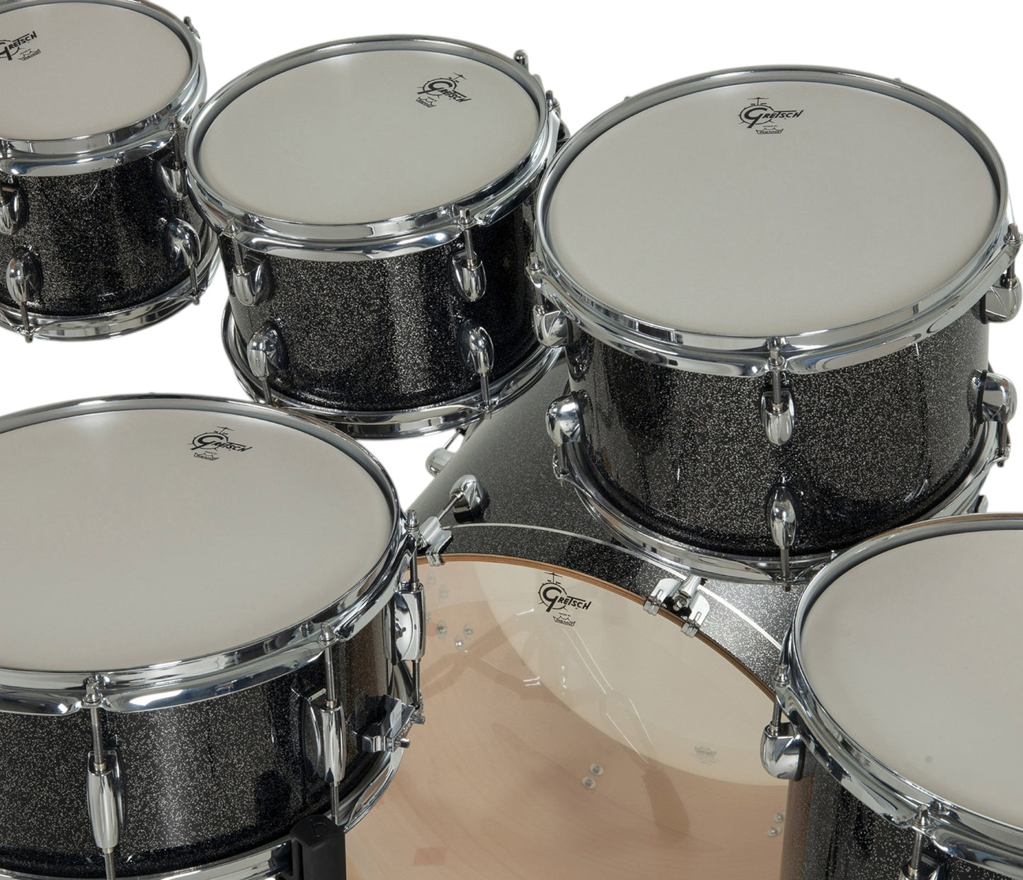 Gretsch Catalina Maple 22" 7-piece drum kit in Black Stardust – drummer's-side view