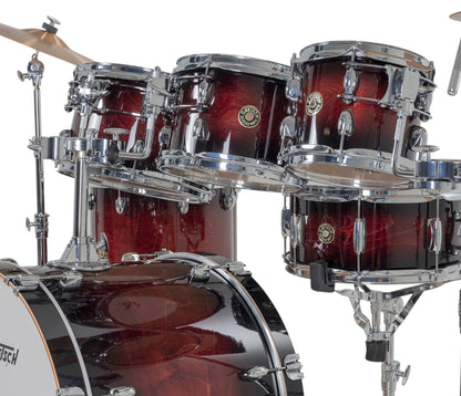 Gretsch Catalina Maple 22" 7-piece drum kit in Deep Cherry Burst – rack tom and floor tom shell close-up