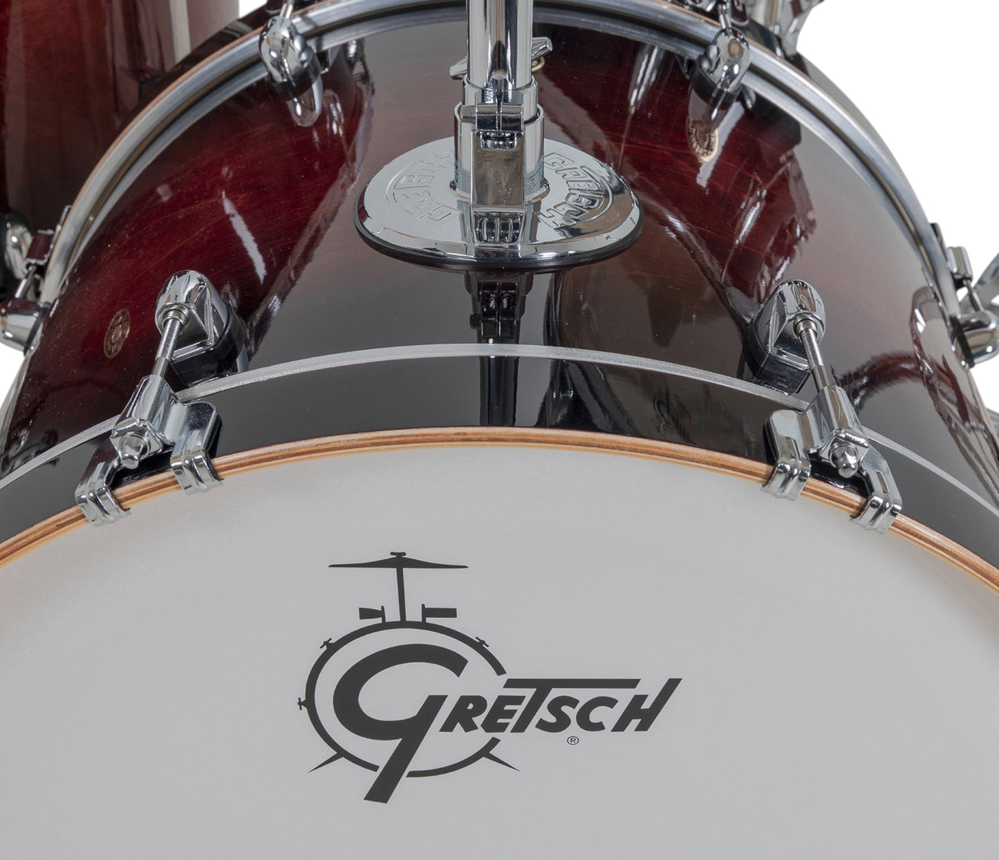 Gretsch Catalina Maple 22" 7-piece drum kit in Deep Cherry Burst – rack tom and GTS mount close-up