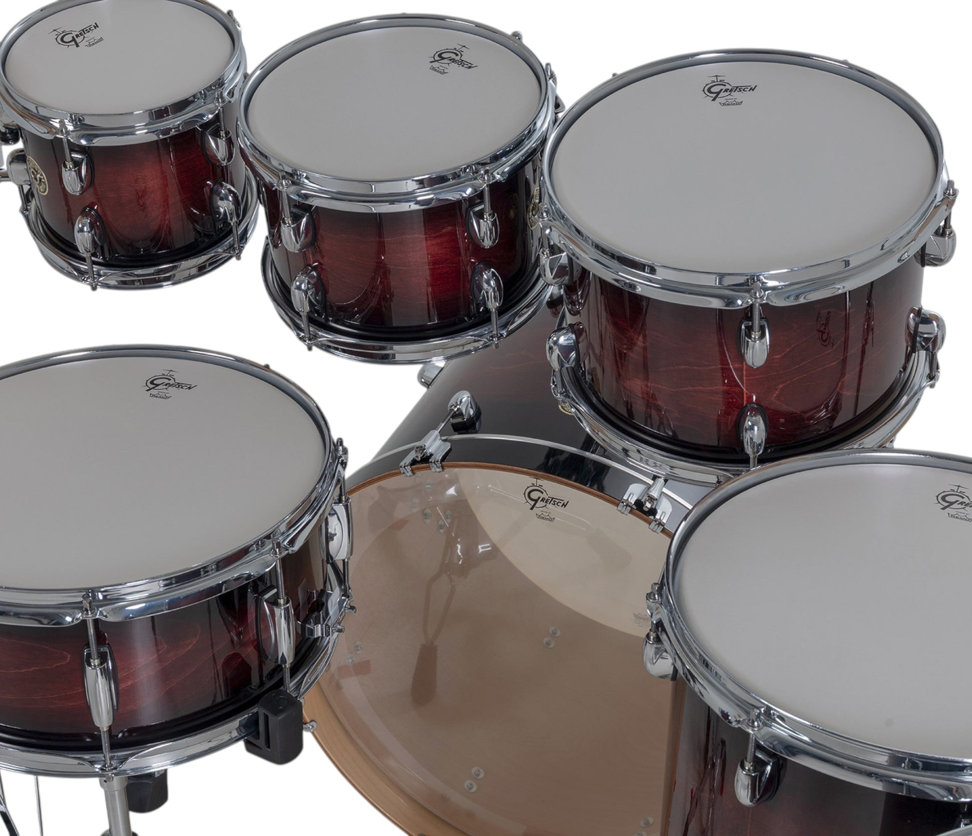 Gretsch Catalina Maple 22" 7-piece drum kit in Deep Cherry Burst – overhead drumhead and shell layout