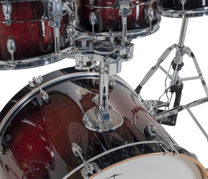 Gretsch Catalina Maple 22" 7-piece drum kit in Deep Cherry Burst – matching bass drum hoop and claw detail