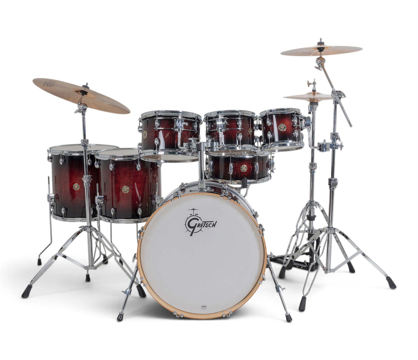 Gretsch Catalina Maple 22" 7-piece drum kit in Deep Cherry Burst – straight-on front view