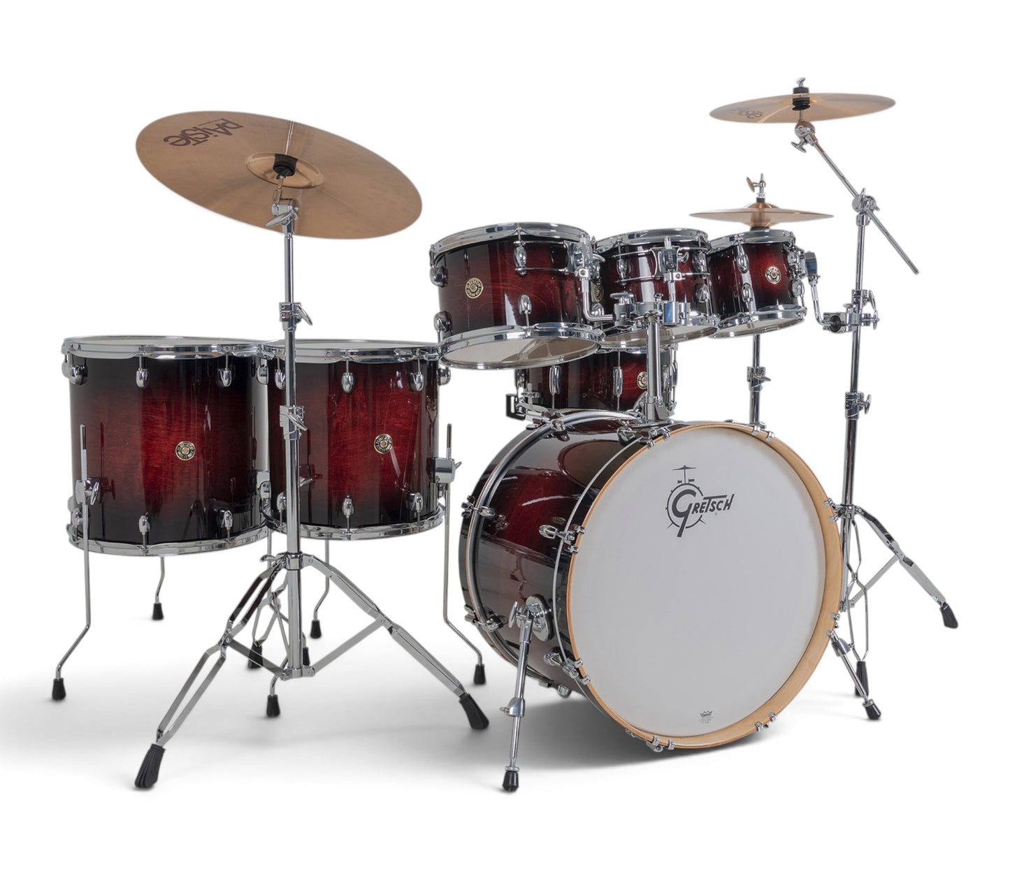 Gretsch Catalina Maple 22" 7-piece drum kit in Deep Cherry Burst – left three-quarter view