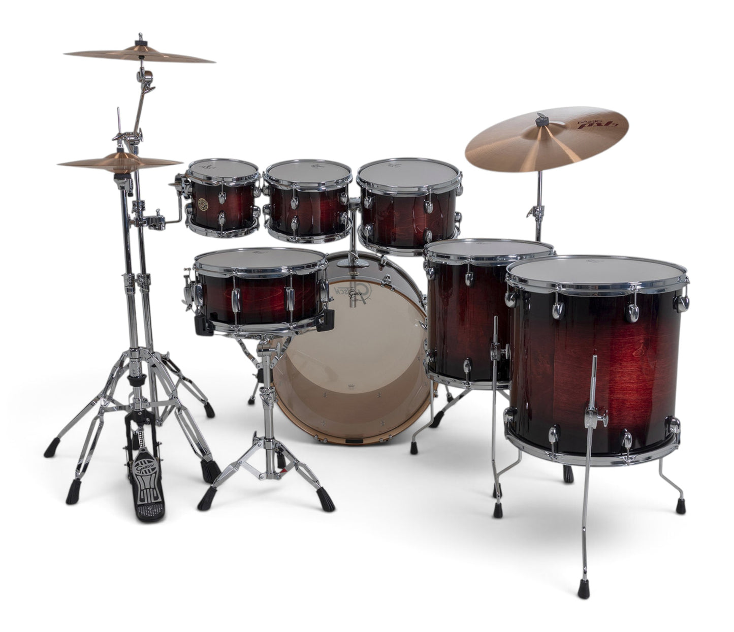 Gretsch Catalina Maple 22" 7-piece drum kit in Deep Cherry Burst – drummer's-side view