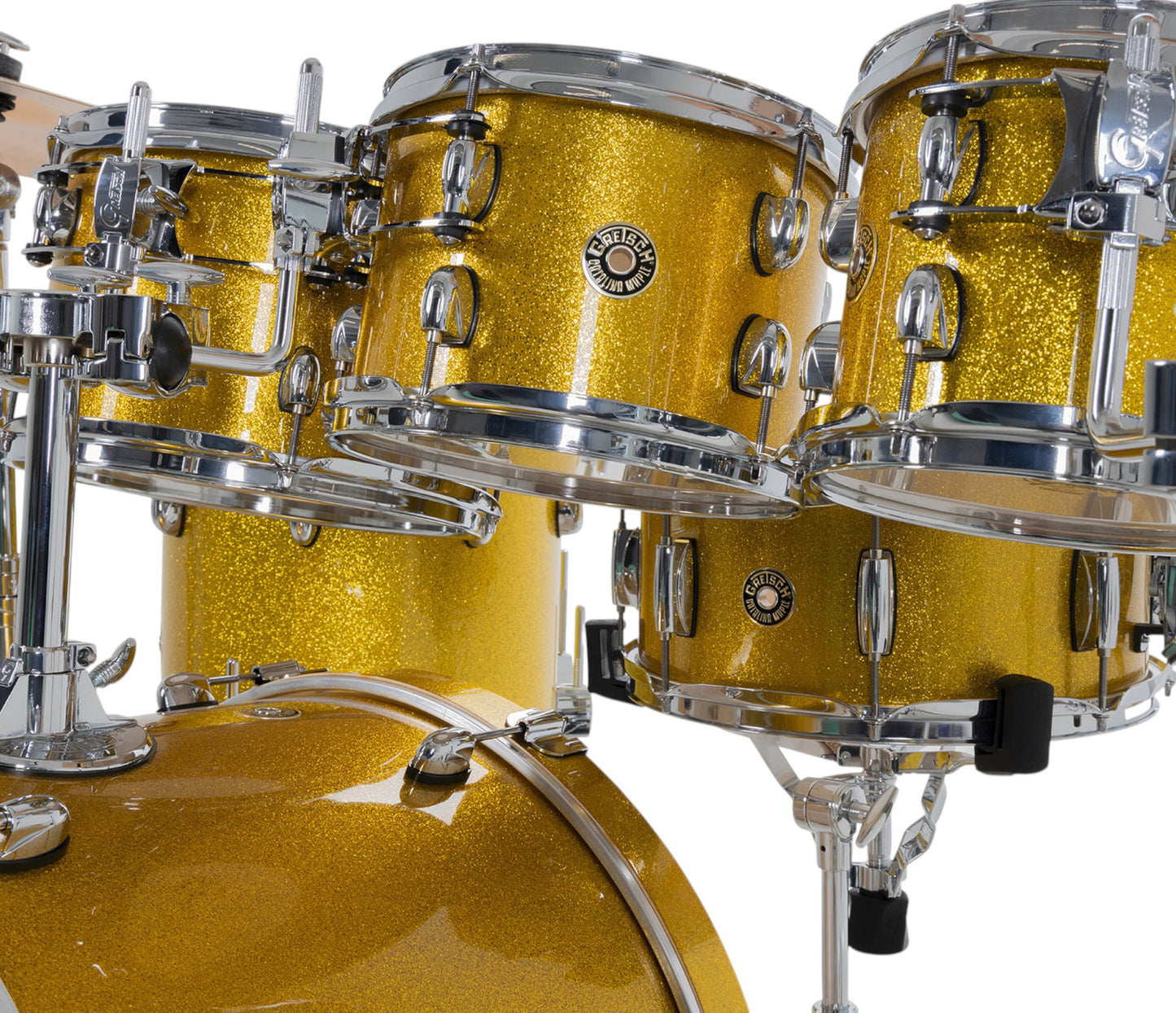 Gretsch Catalina Maple 22" 7-piece drum kit in Lemon Sparkle – bass drum-mounted multi-tom holder close-up