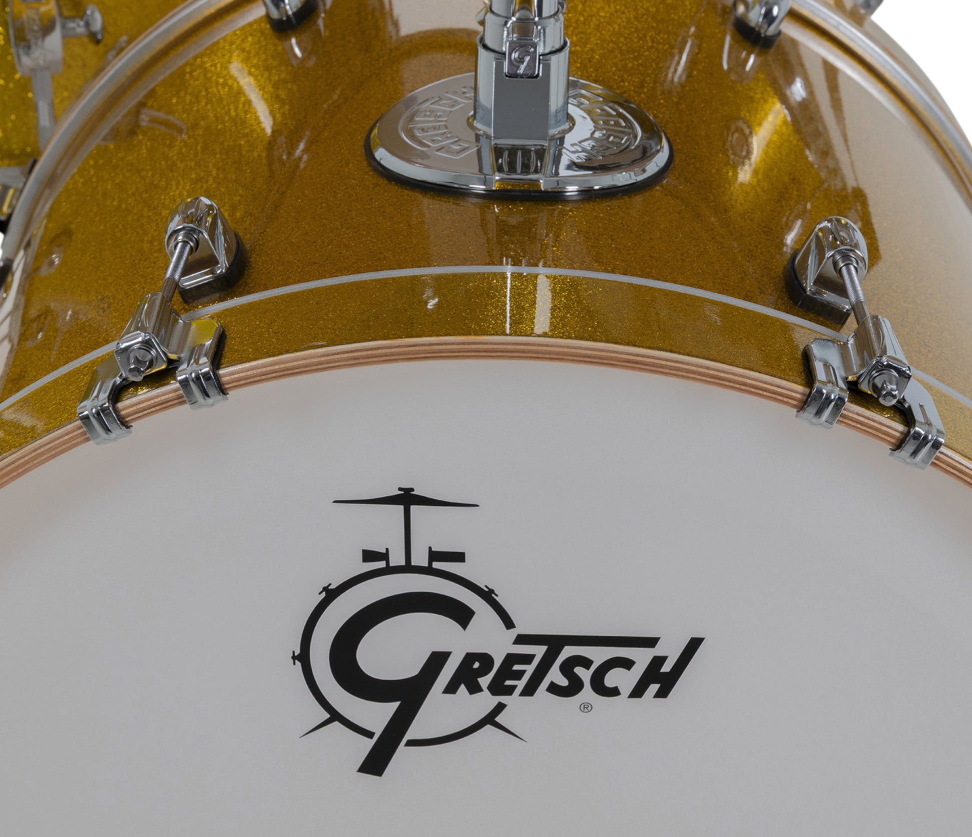 Gretsch Catalina Maple 22" 7-piece drum kit in Lemon Sparkle – rack tom and GTS mount close-up
