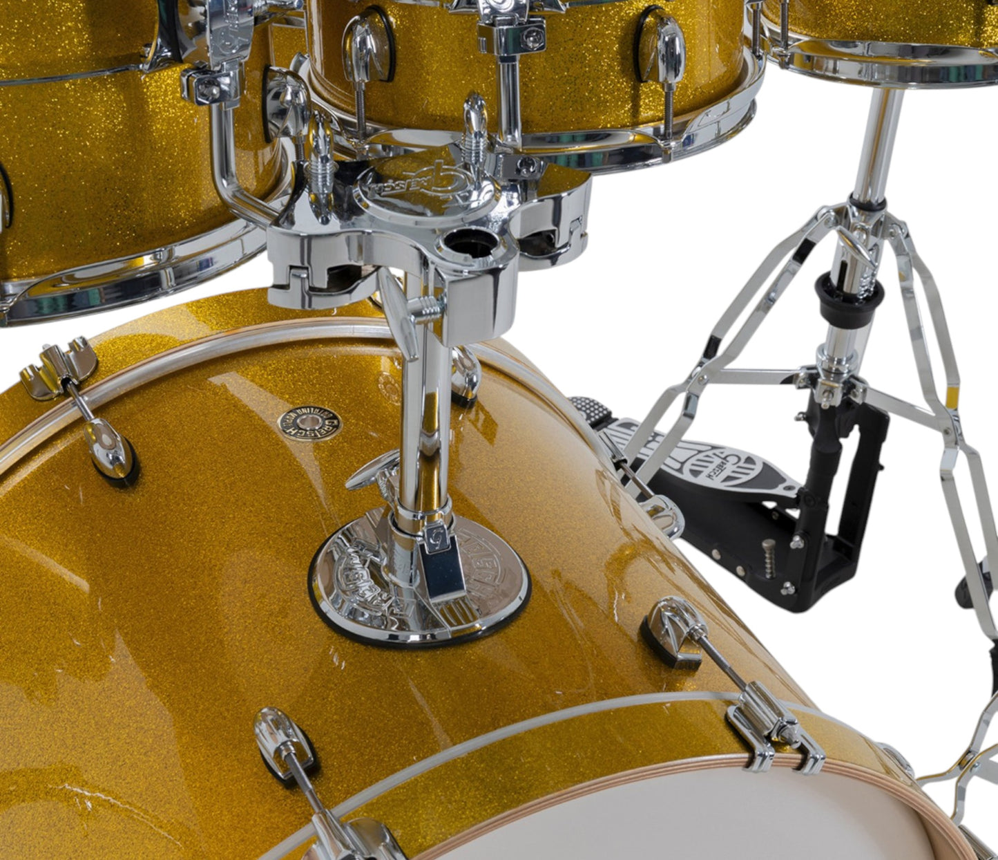 Gretsch Catalina Maple 22" 7-piece drum kit in Lemon Sparkle – overhead drumhead and shell layout