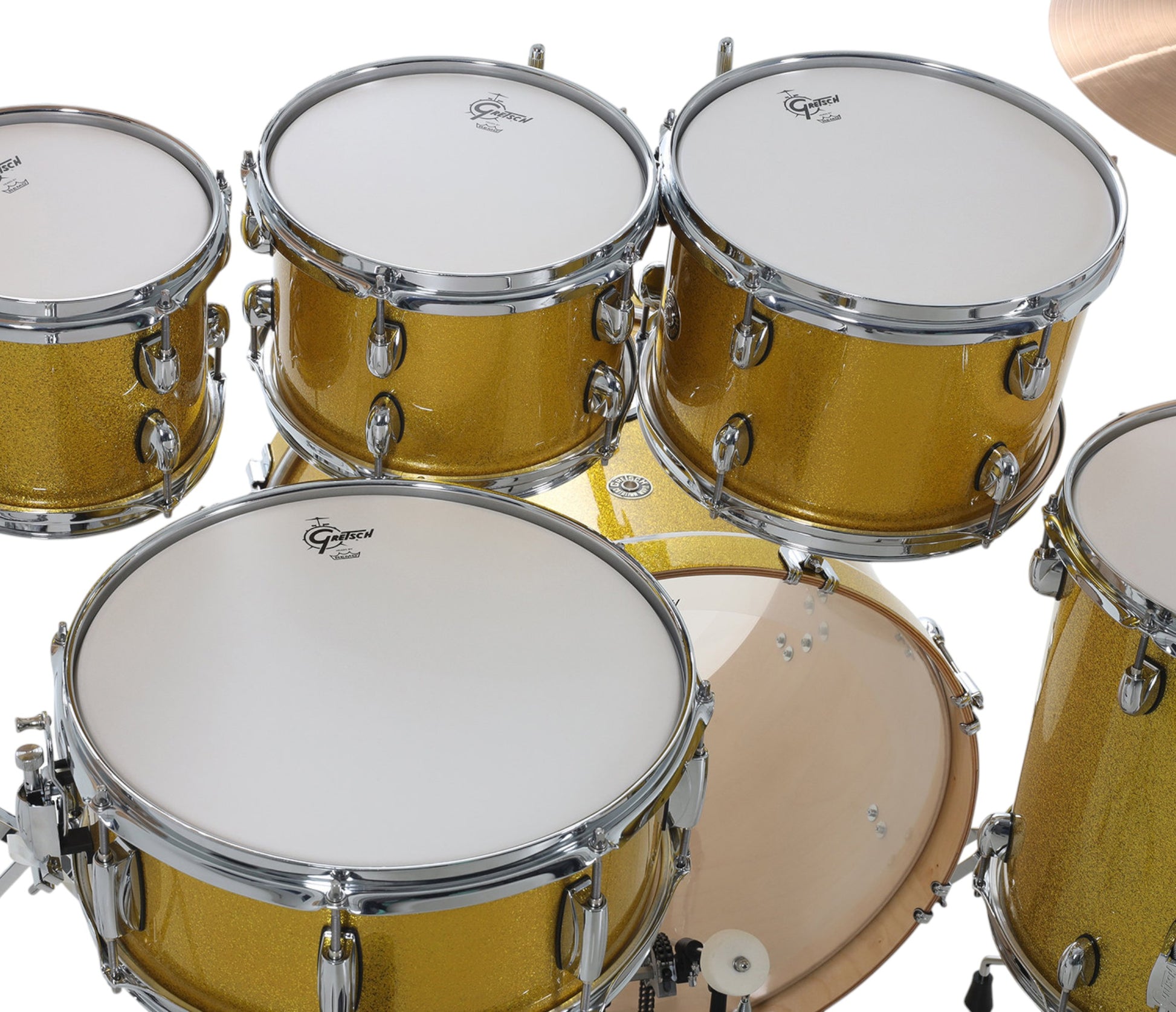 Gretsch Catalina Maple 22" 7-piece drum kit in Lemon Sparkle – matching bass drum hoop and claw detail