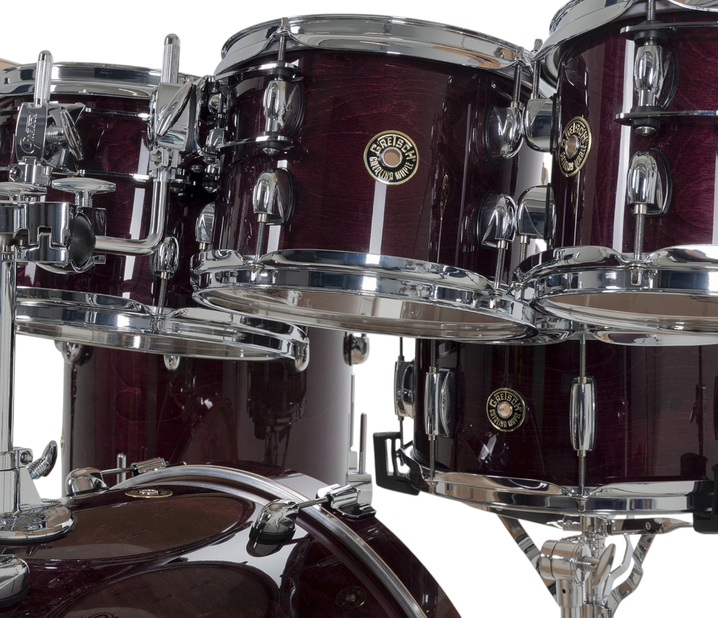 Gretsch Catalina Maple 22" 7-piece drum kit in Purple Gloss – bass drum-mounted multi-tom holder close-up